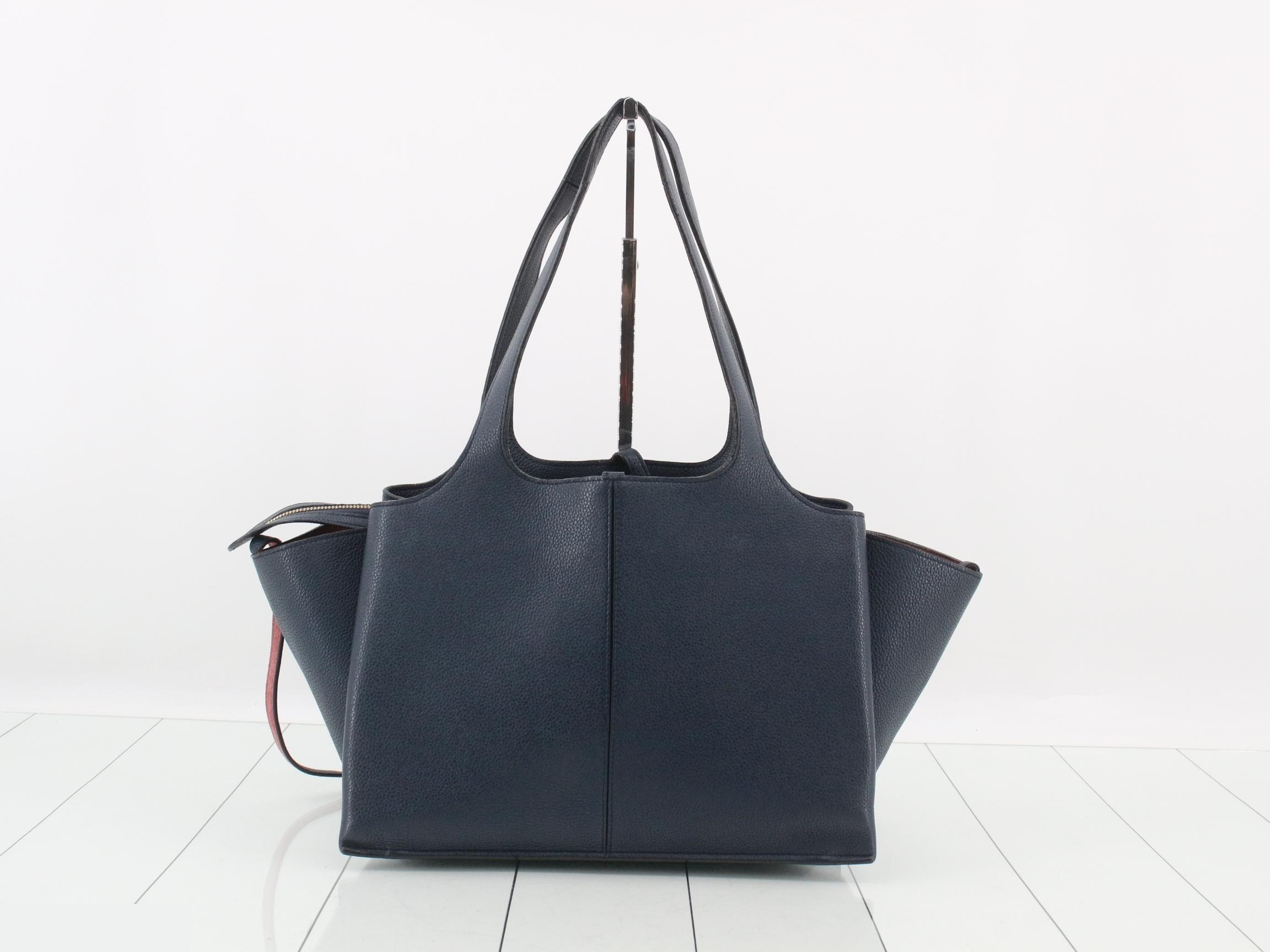 Trifold Small Leather Tote Bag, Navy — view 2