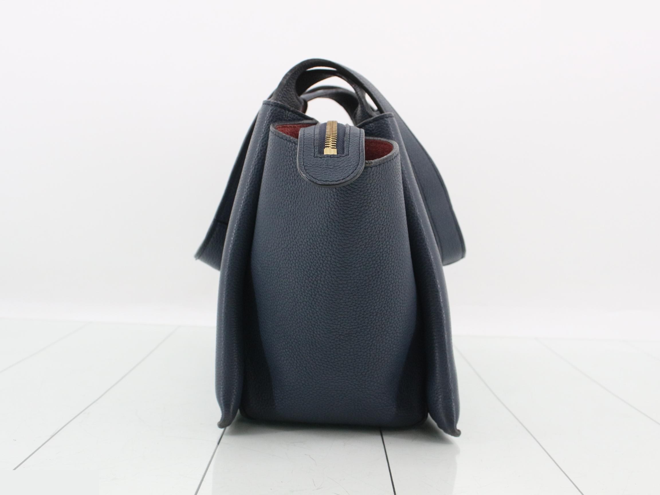 Trifold Small Leather Tote Bag, Navy — view 3