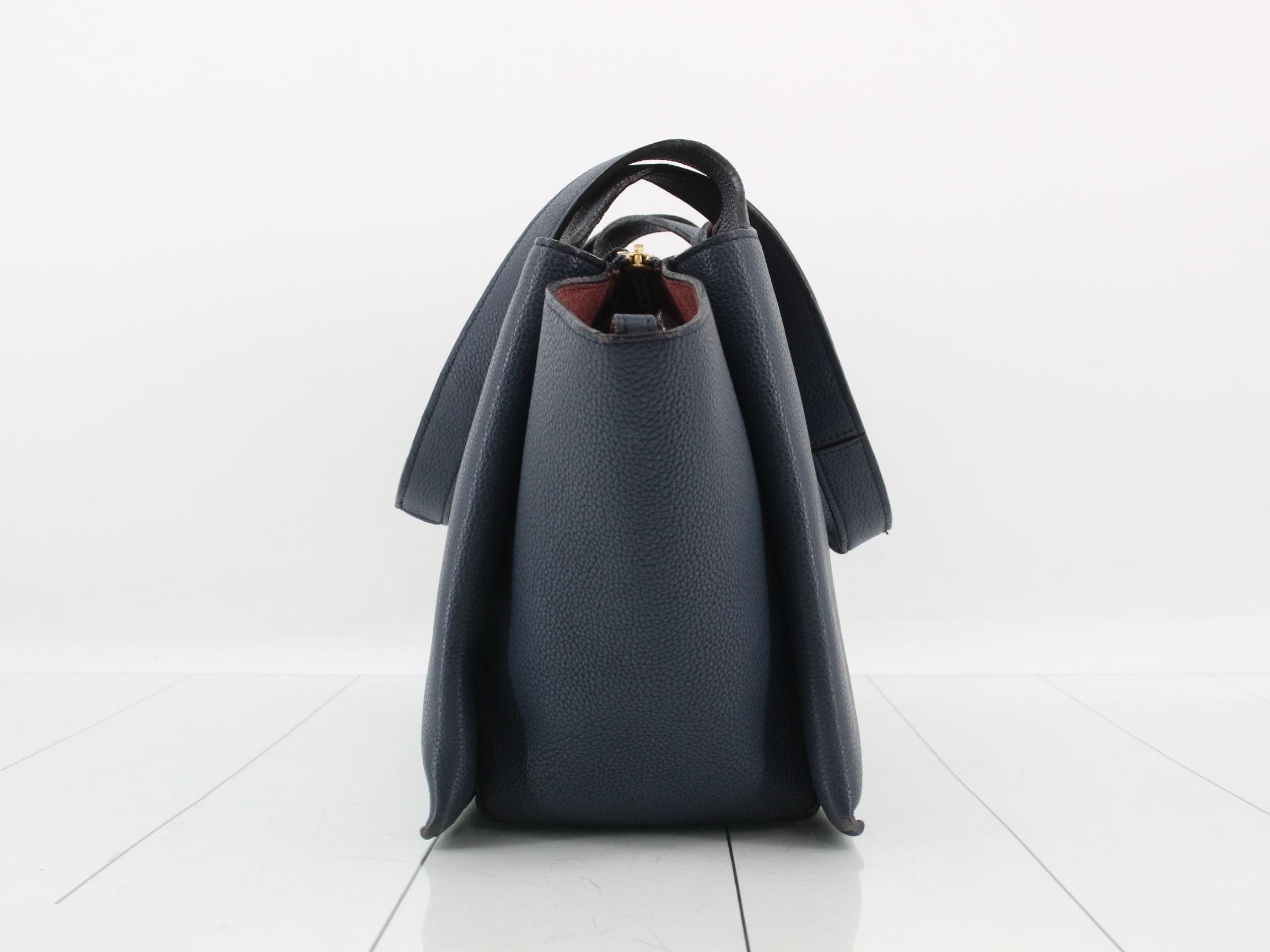 Trifold Small Leather Tote Bag, Navy — view 4