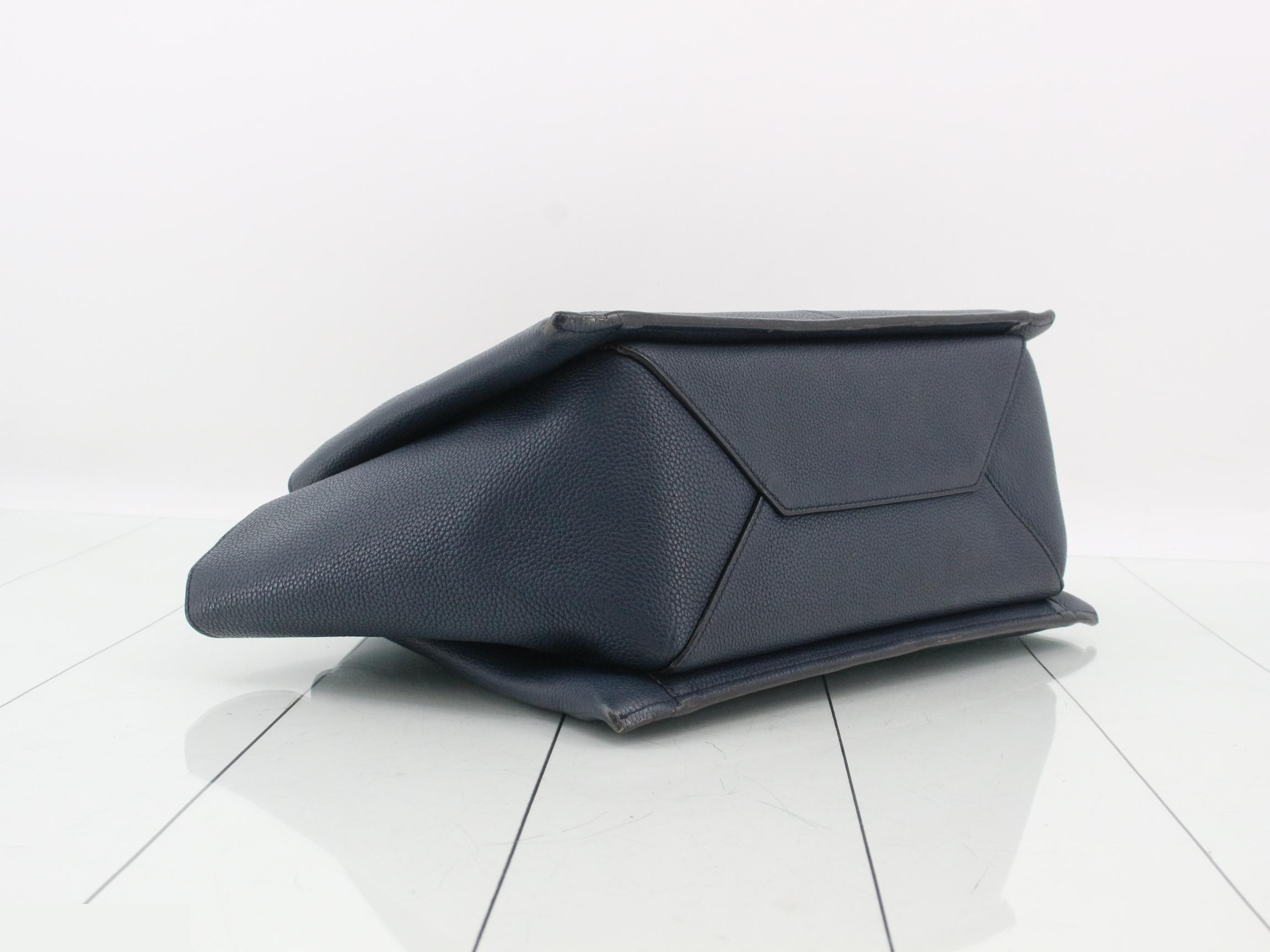 Trifold Small Leather Tote Bag, Navy — view 5