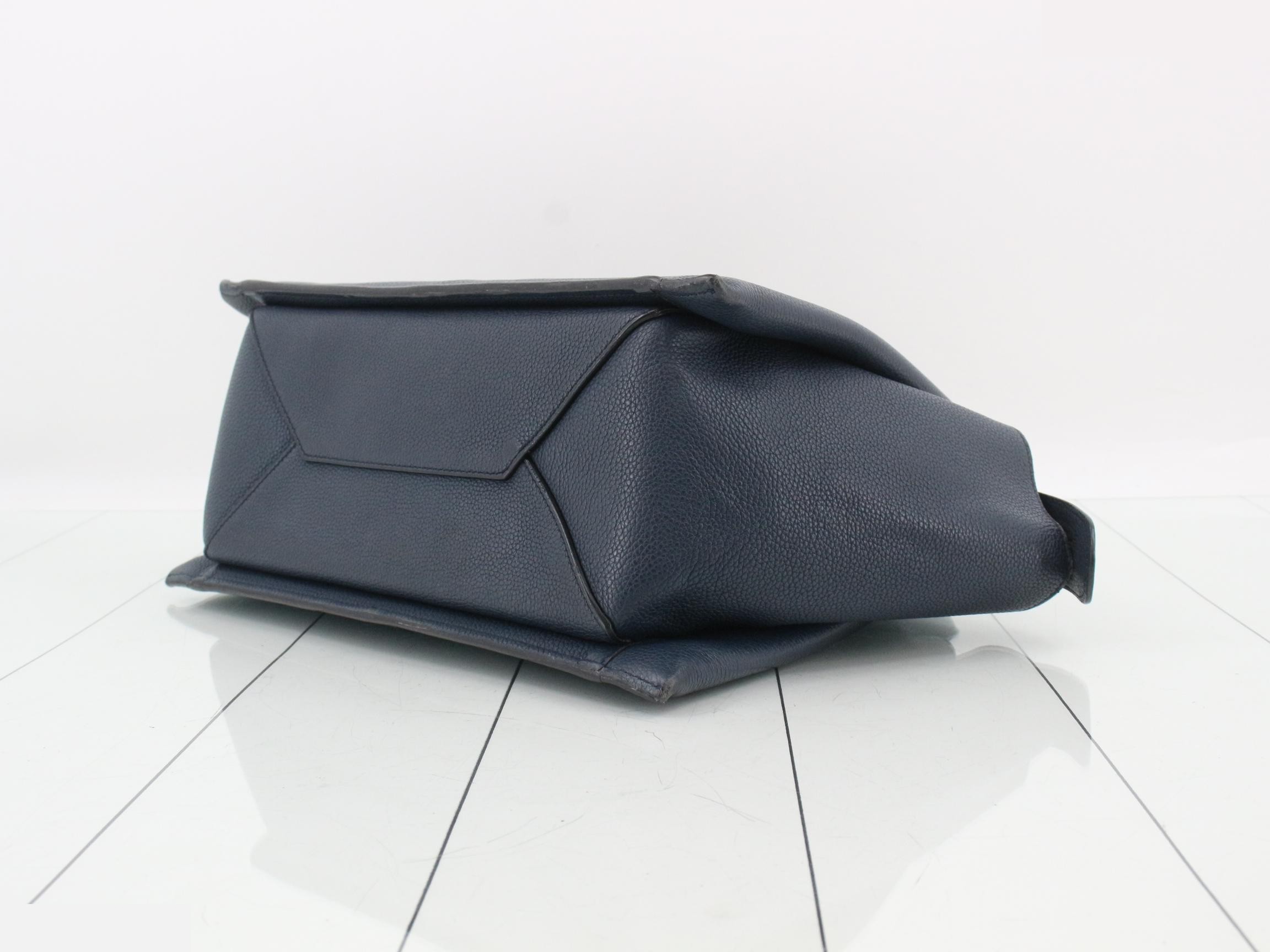 Trifold Small Leather Tote Bag, Navy — view 6