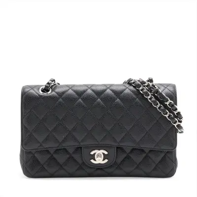 Matelassé 25 Caviar Skin Double Flap Double Chain Bag, Black with Silver Hardware, Serial Number 24-A01112