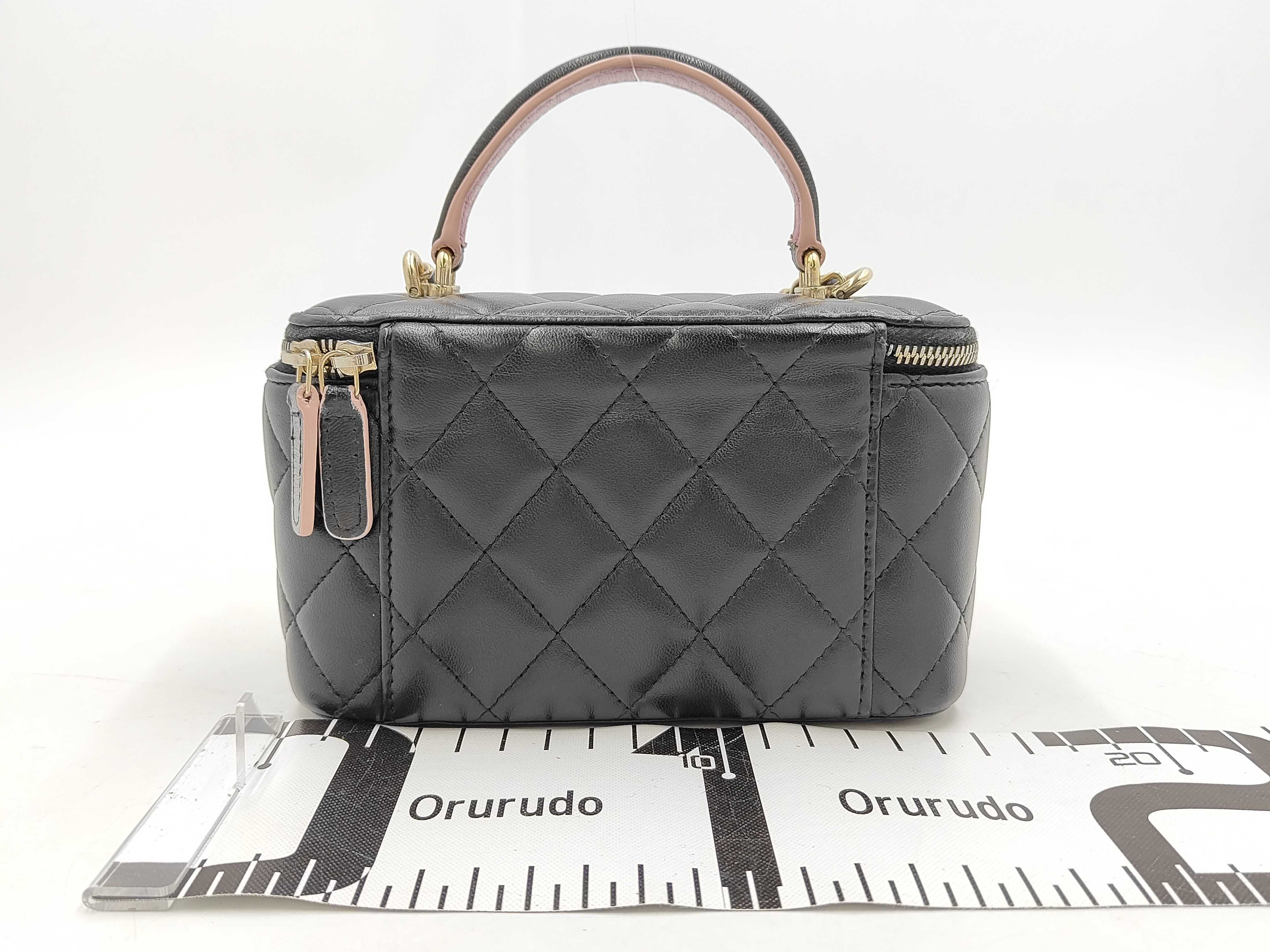 Matelassé Double Zipper Vanity Bag, Black Lambskin, Pink Handle, Shoulder Bag — view 2