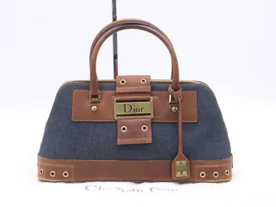 Denim/Leather Street Chic Handbag in Blue and Brown with Gold Hardware, Includes Dust Bag and Charm