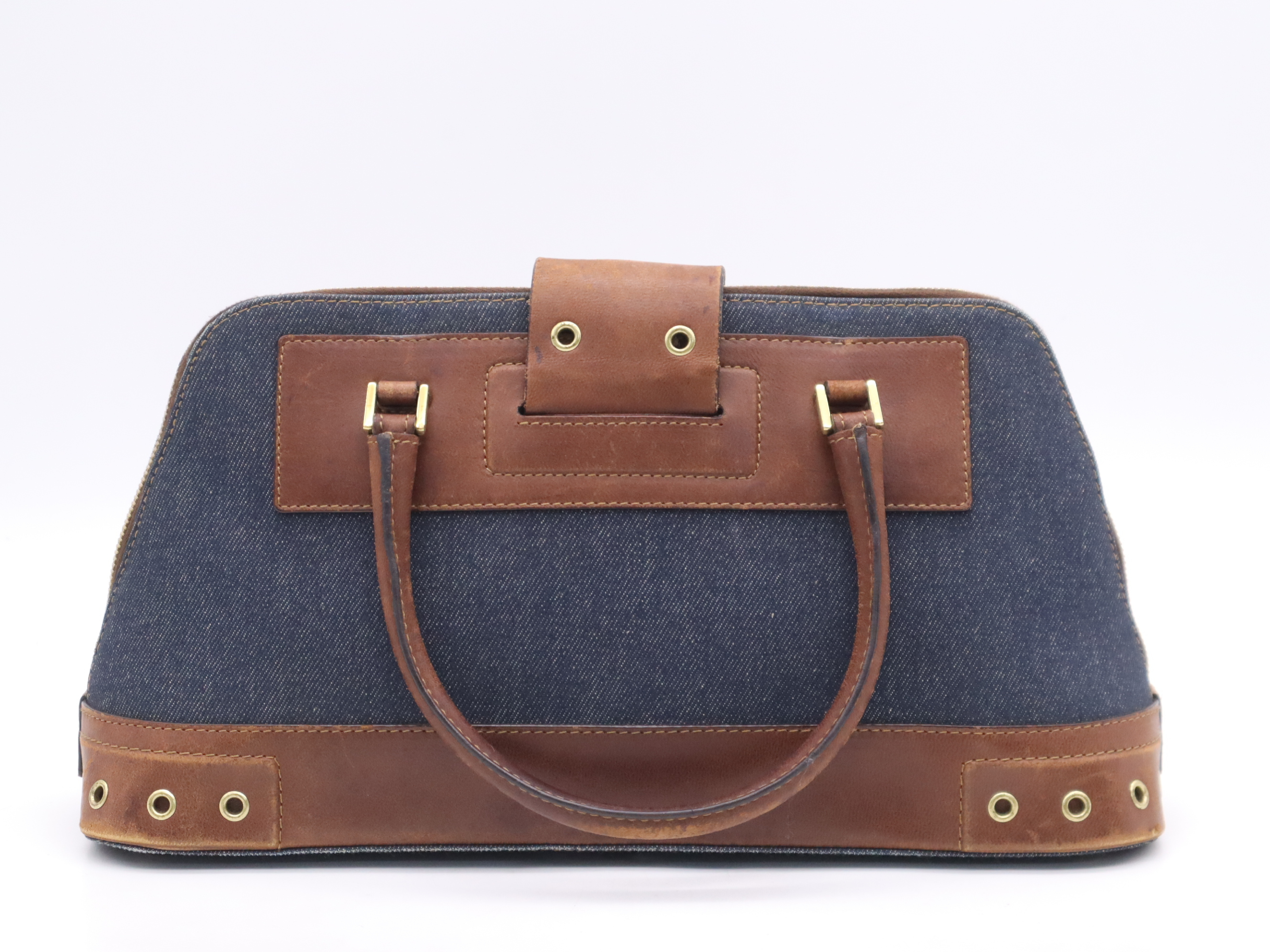 Denim/Leather Street Chic Handbag in Blue and Brown with Gold Hardware, Includes Dust Bag and Charm — view 2