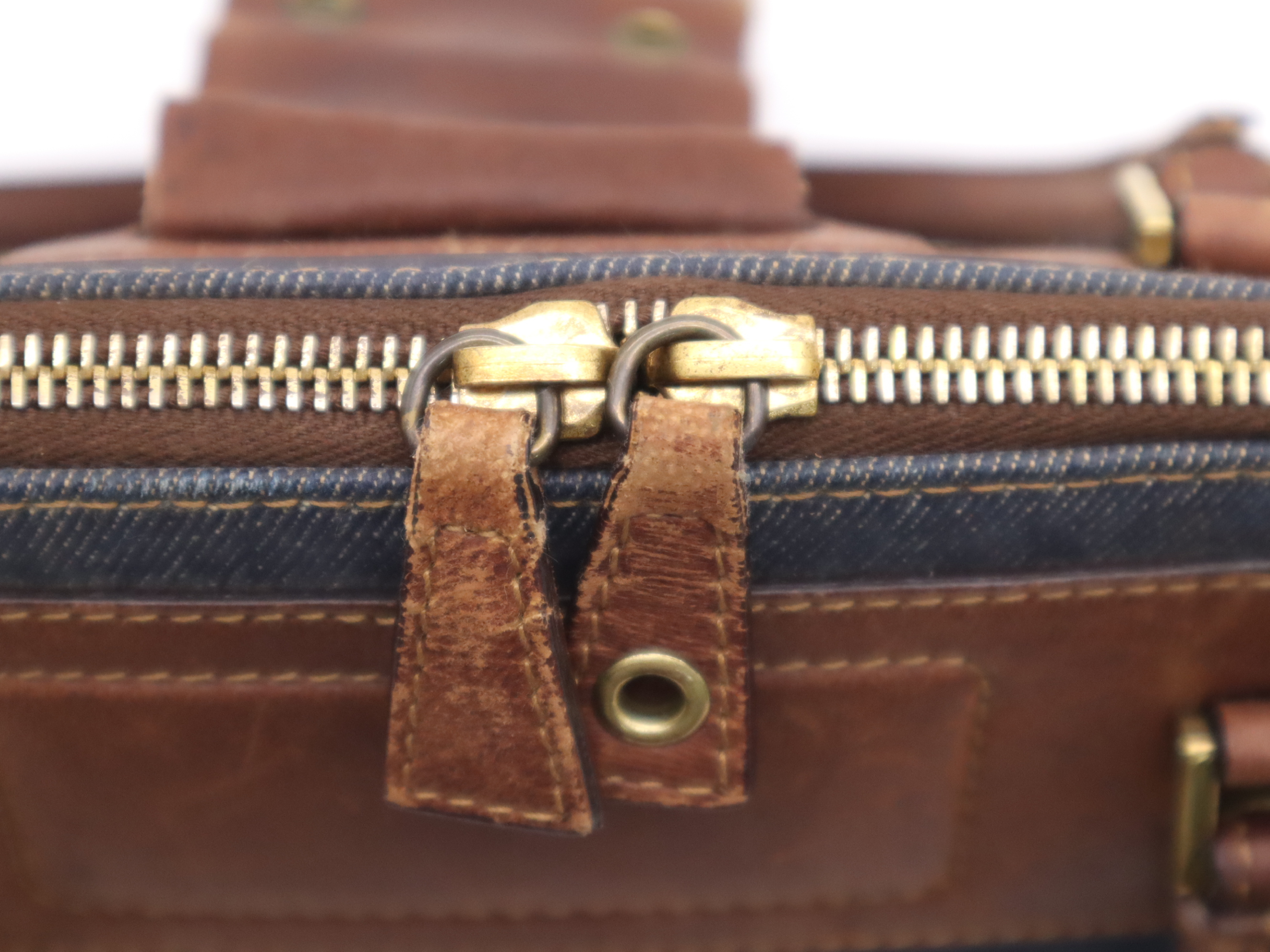 Denim/Leather Street Chic Handbag in Blue and Brown with Gold Hardware, Includes Dust Bag and Charm — view 12