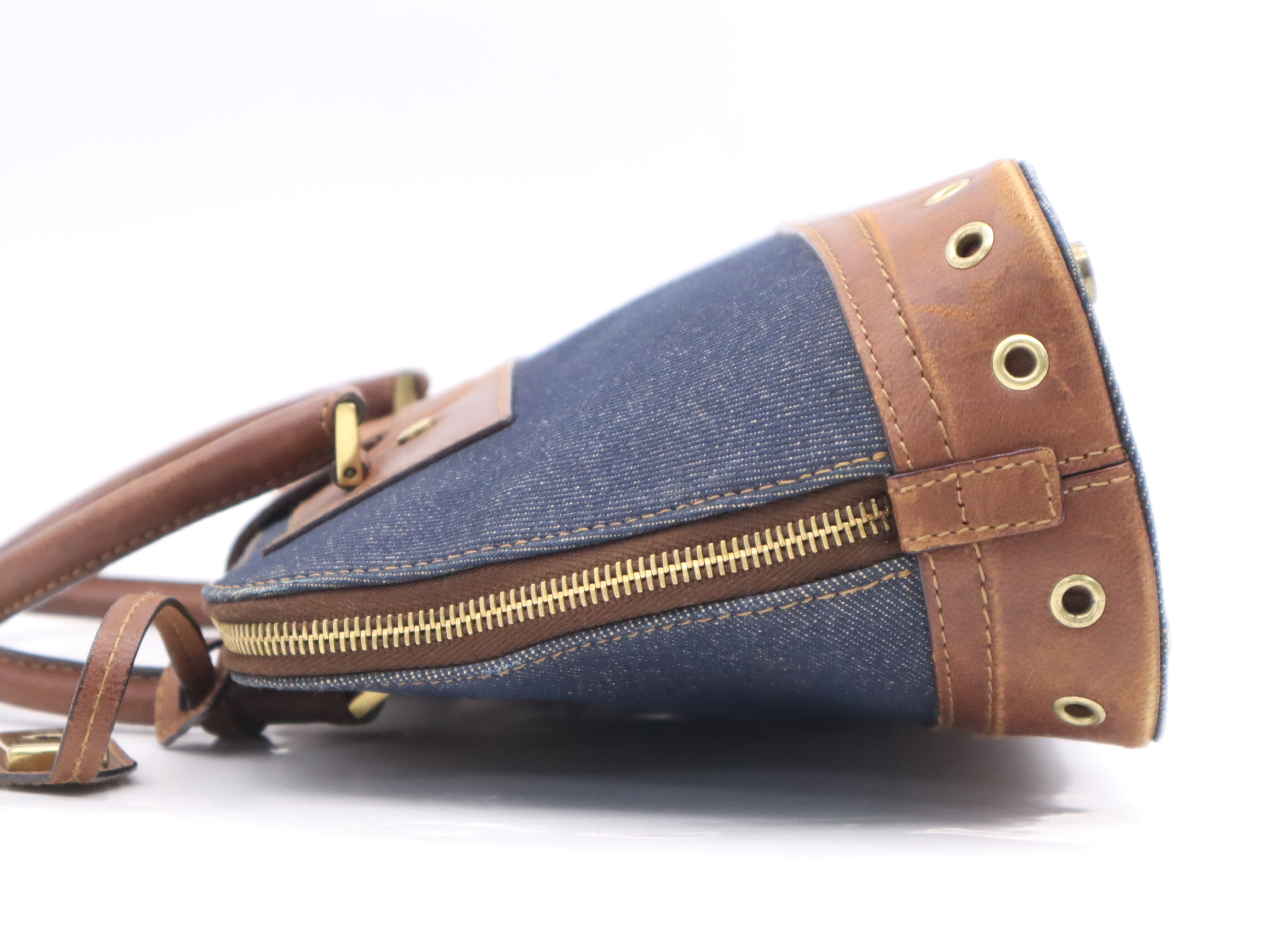 Denim/Leather Street Chic Handbag in Blue and Brown with Gold Hardware, Includes Dust Bag and Charm — view 3