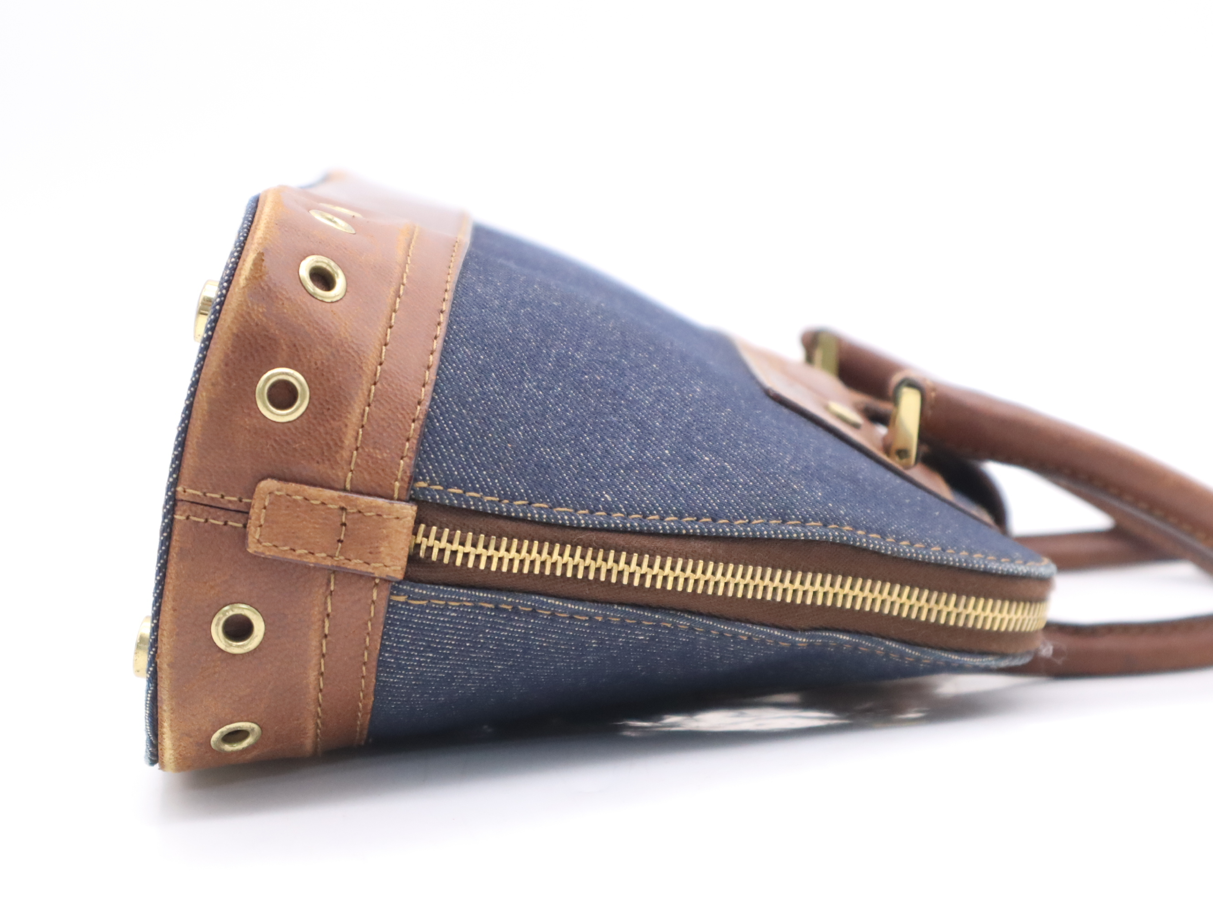 Denim/Leather Street Chic Handbag in Blue and Brown with Gold Hardware, Includes Dust Bag and Charm — view 5