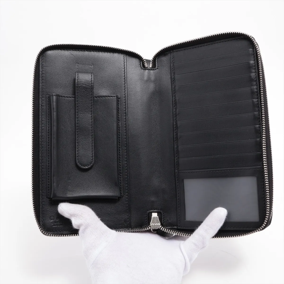 Microguccissima 449246 Leather Round Zip Wallet, Black, with G stamp. — view 3