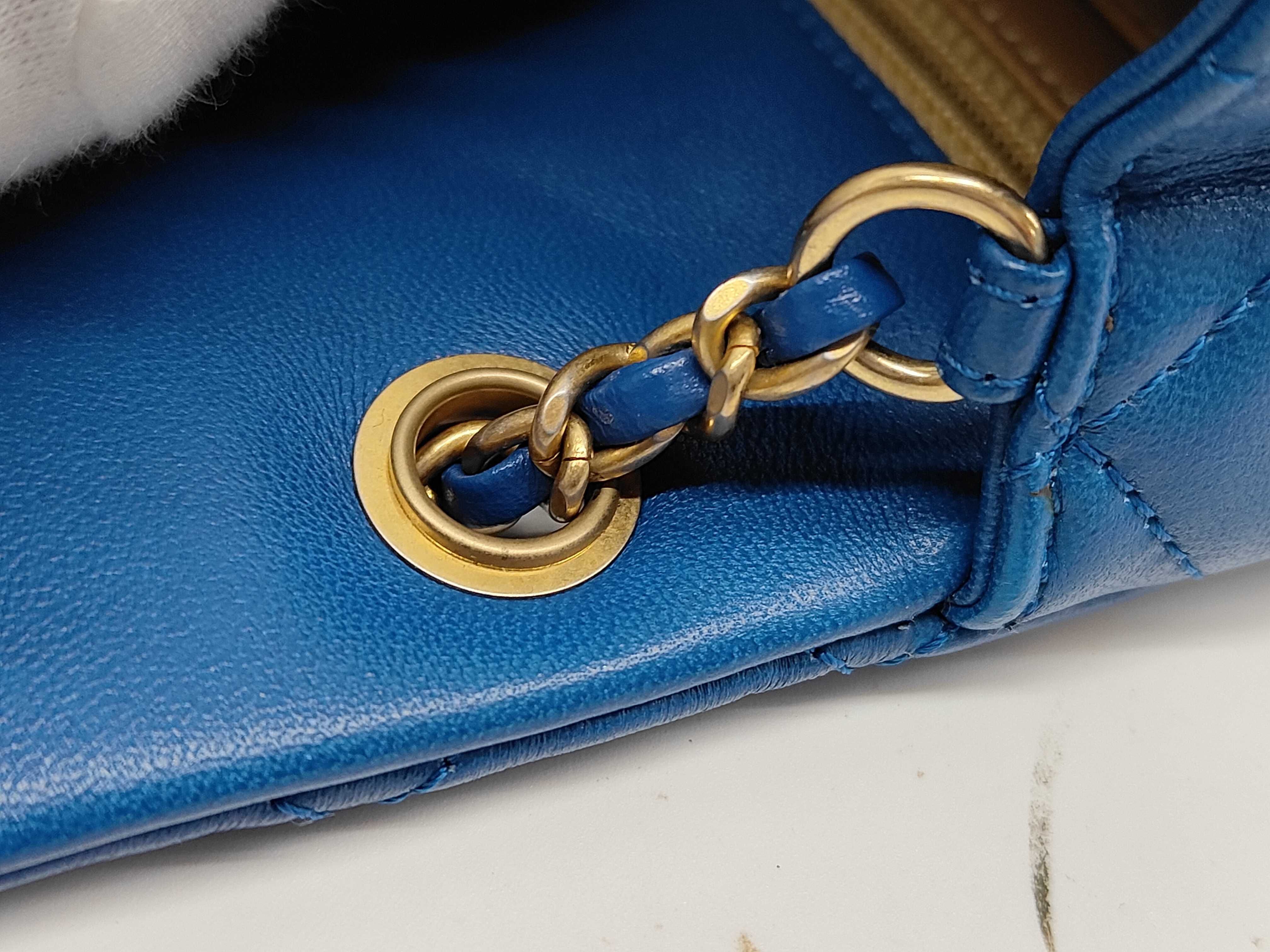 Mini Matelasse 17 Chain Shoulder Bag, Blue Lambskin, Gold Hardware. — view 4