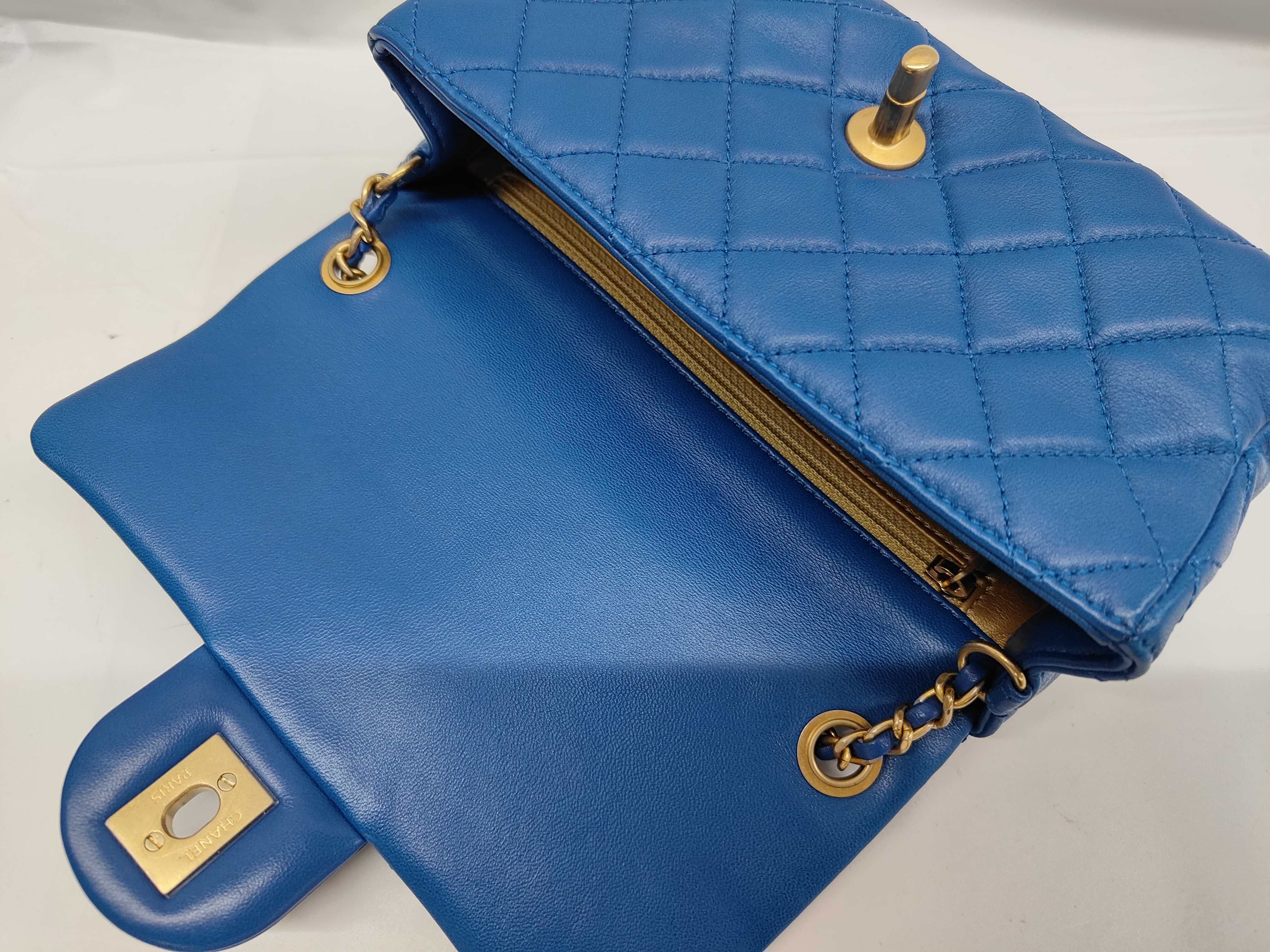 Mini Matelasse 17 Chain Shoulder Bag, Blue Lambskin, Gold Hardware. — view 8