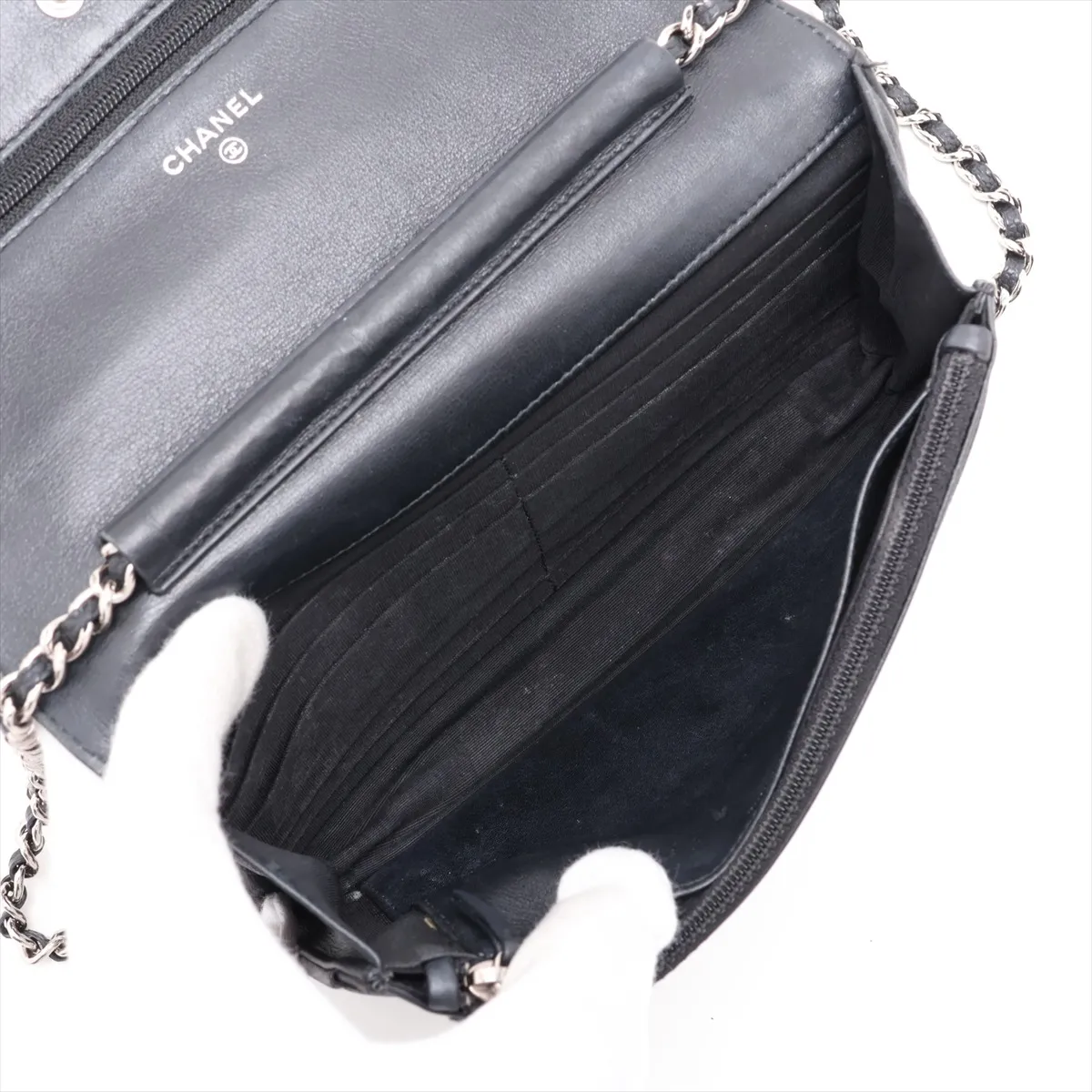 Coco Mark Caviar Skin Chain Wallet, Black with Silver Hardware, 16543780, Serial Number 16 — view 6