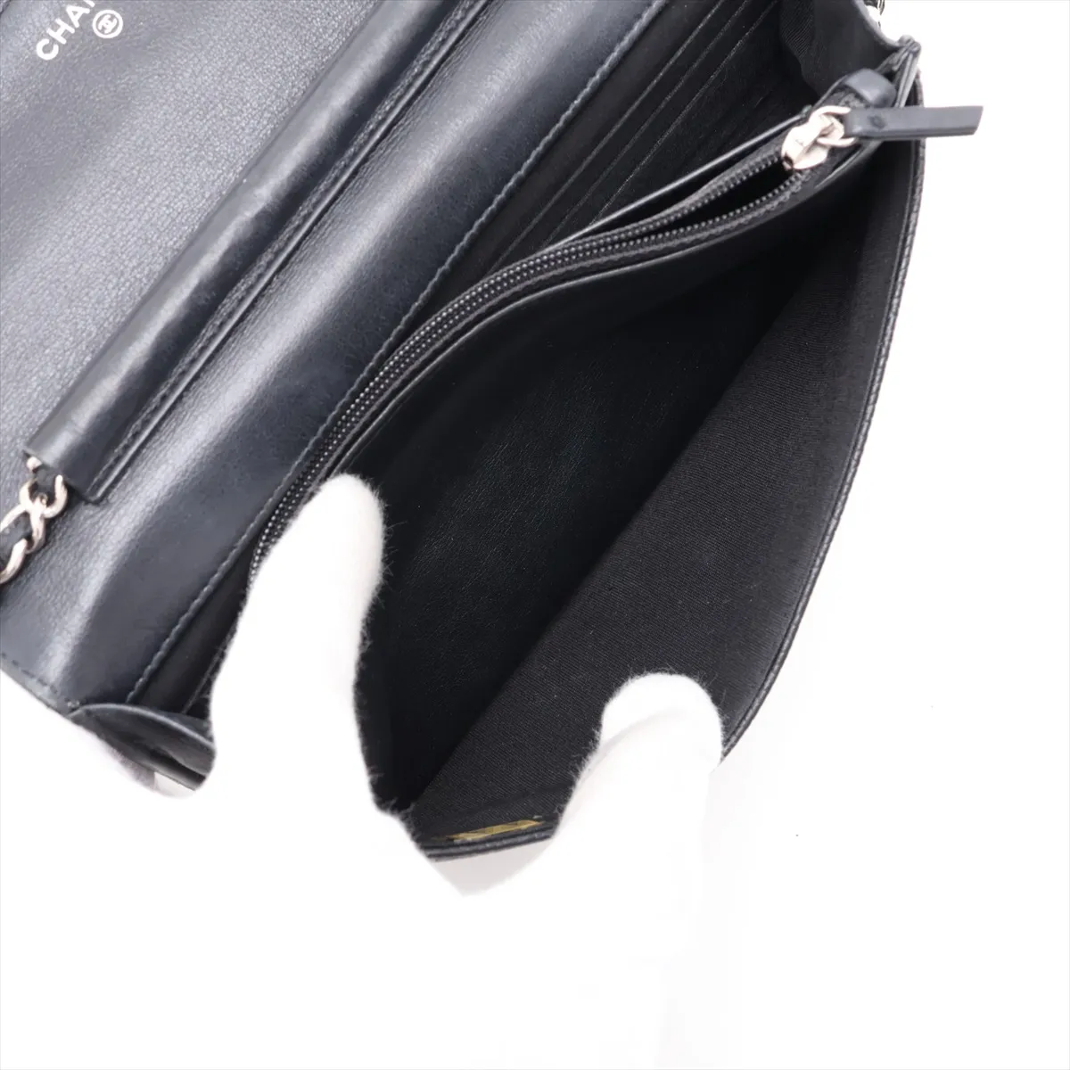 Coco Mark Caviar Skin Chain Wallet, Black with Silver Hardware, 16543780, Serial Number 16 — view 9
