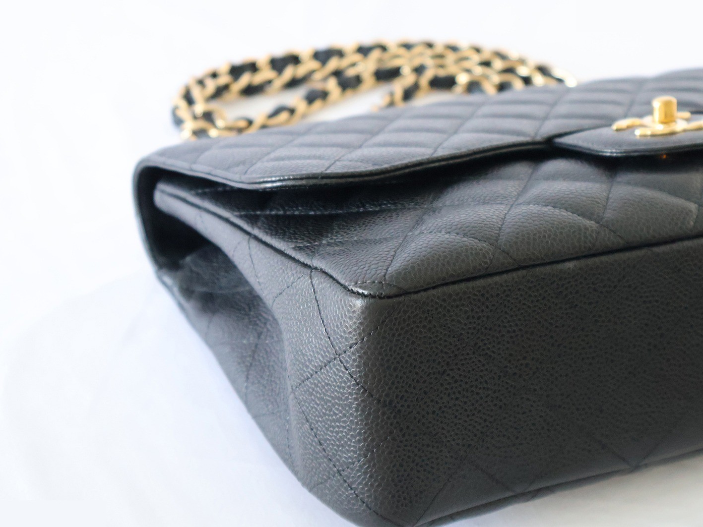Large Matelassé Caviar Skin Double Chain Shoulder Bag, Black — view 3