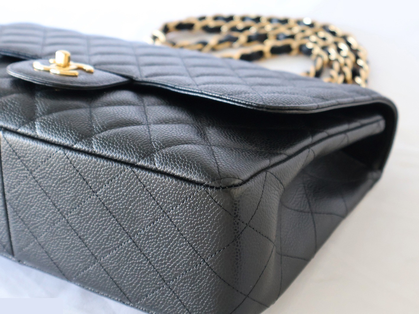 Large Matelassé Caviar Skin Double Chain Shoulder Bag, Black — view 4