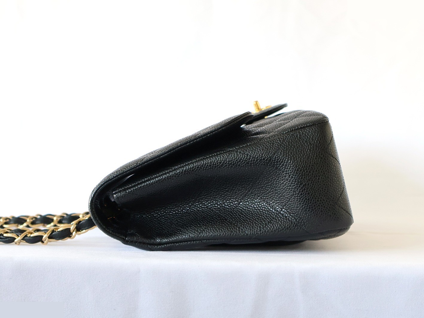Large Matelassé Caviar Skin Double Chain Shoulder Bag, Black — view 6