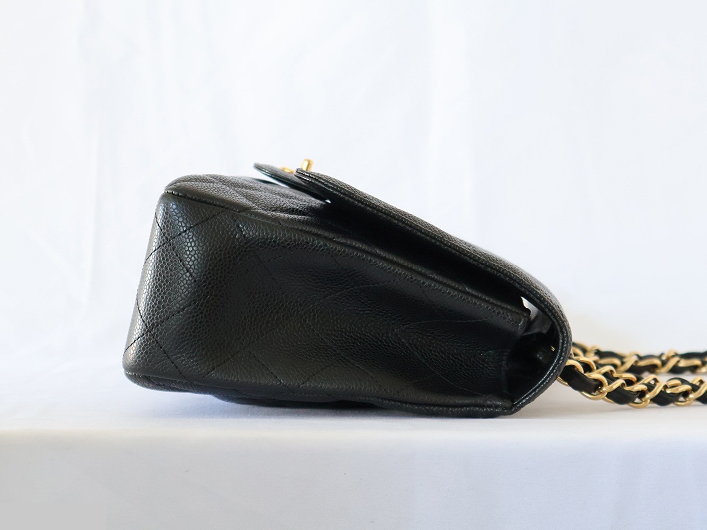 Large Matelassé Caviar Skin Double Chain Shoulder Bag, Black — view 7