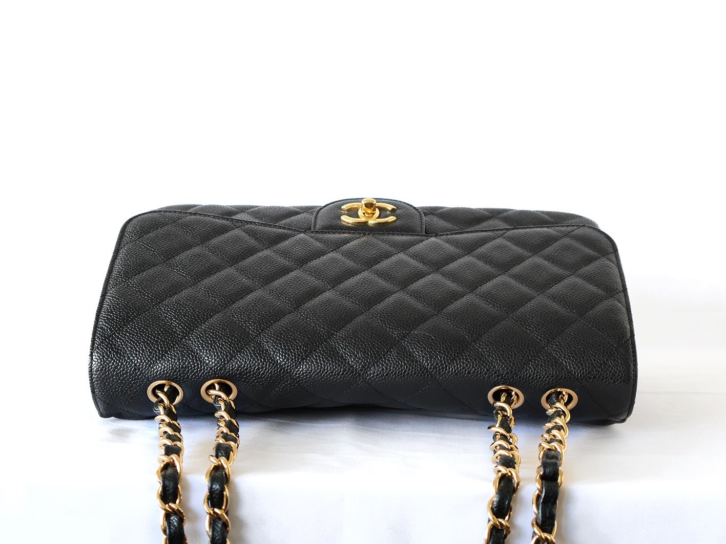 Large Matelassé Caviar Skin Double Chain Shoulder Bag, Black — view 8