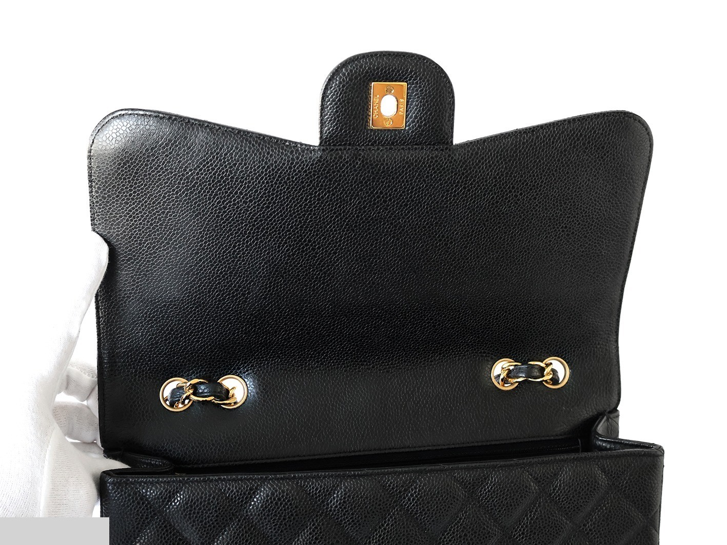 Large Matelassé Caviar Skin Double Chain Shoulder Bag, Black — view 10