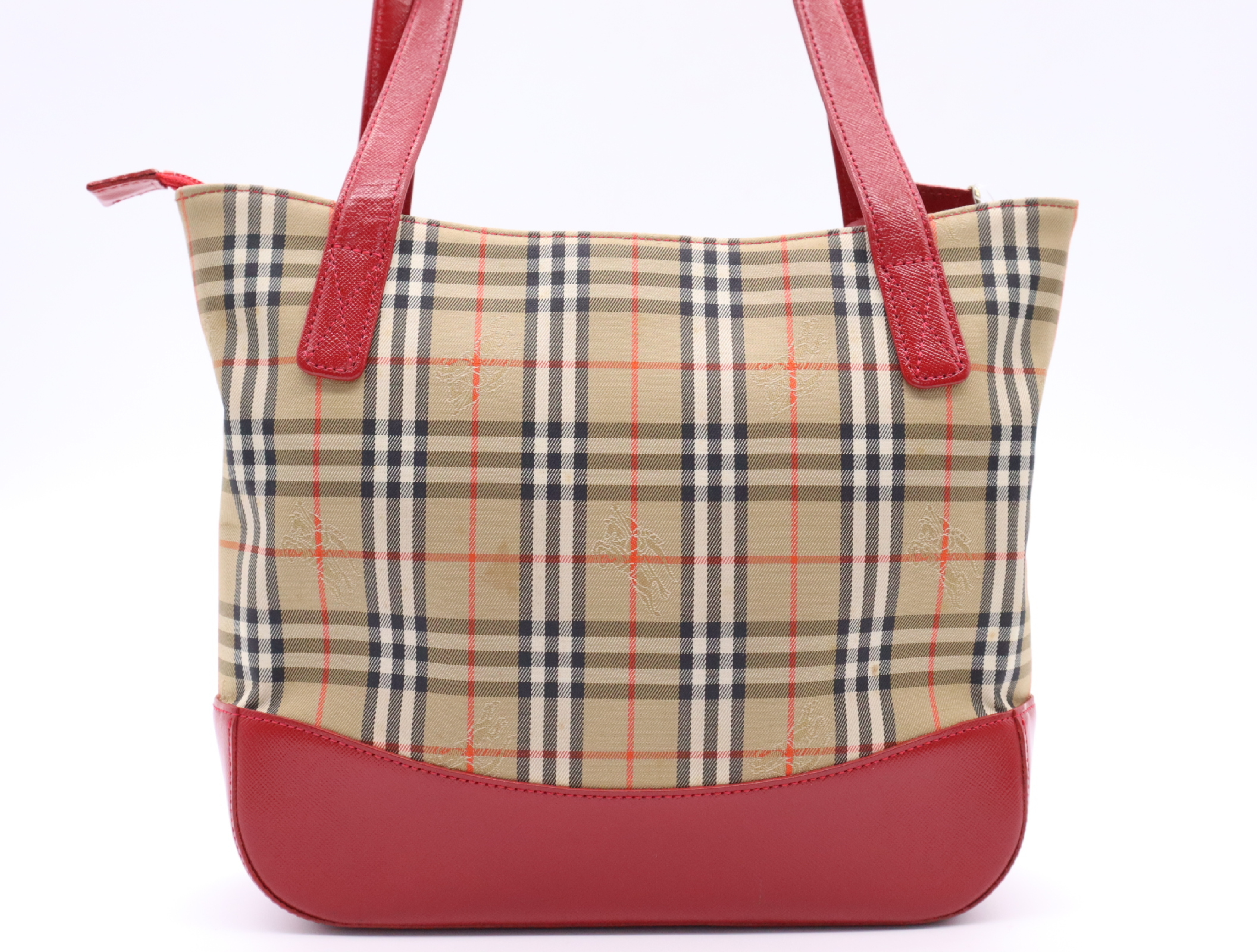 Canvas x Leather Nova Check Tote Bag, Beige with Red Gold Hardware and Charm. — view 2