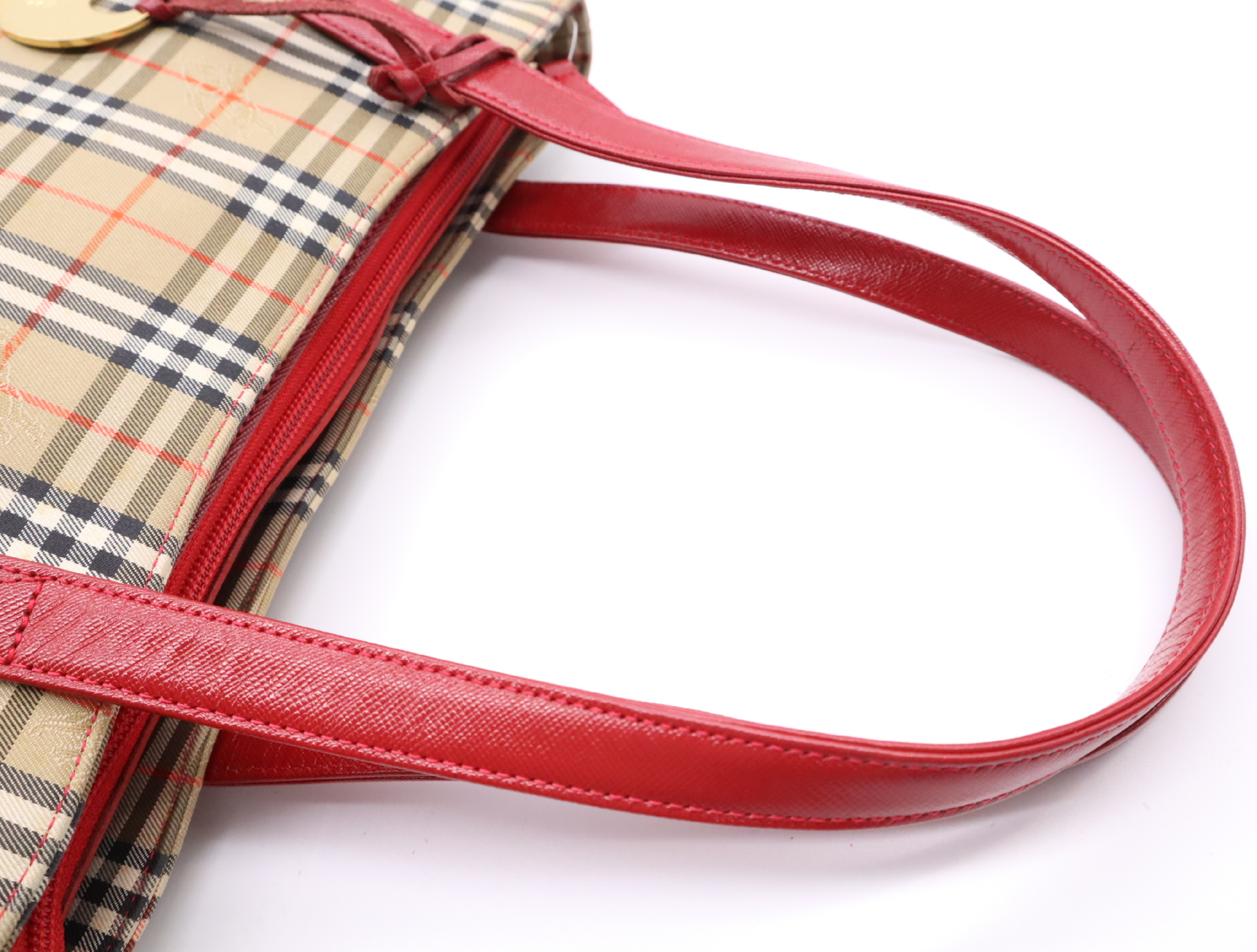 Canvas x Leather Nova Check Tote Bag, Beige with Red Gold Hardware and Charm. — view 12