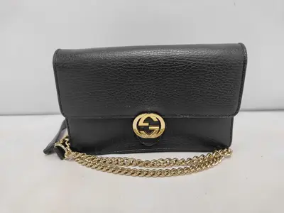 GG Interlocking G 510314 Chain Wallet, Long Wallet, Leather, GP Black, Shoulder Strap, Shoulder Bag, Other Accessories
