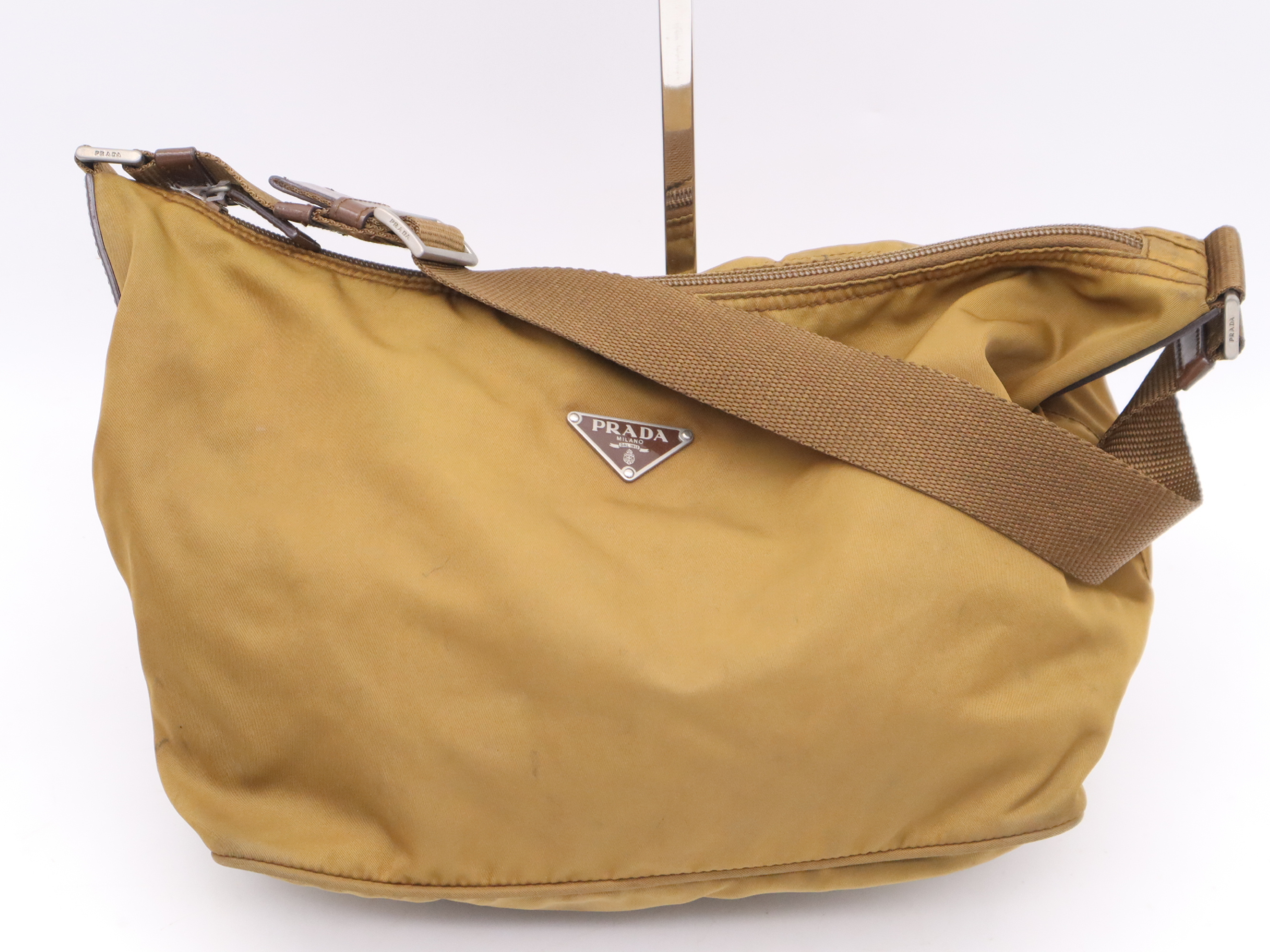 Nylon Triangle Logo Brown Silver Hardware Shoulder Bag