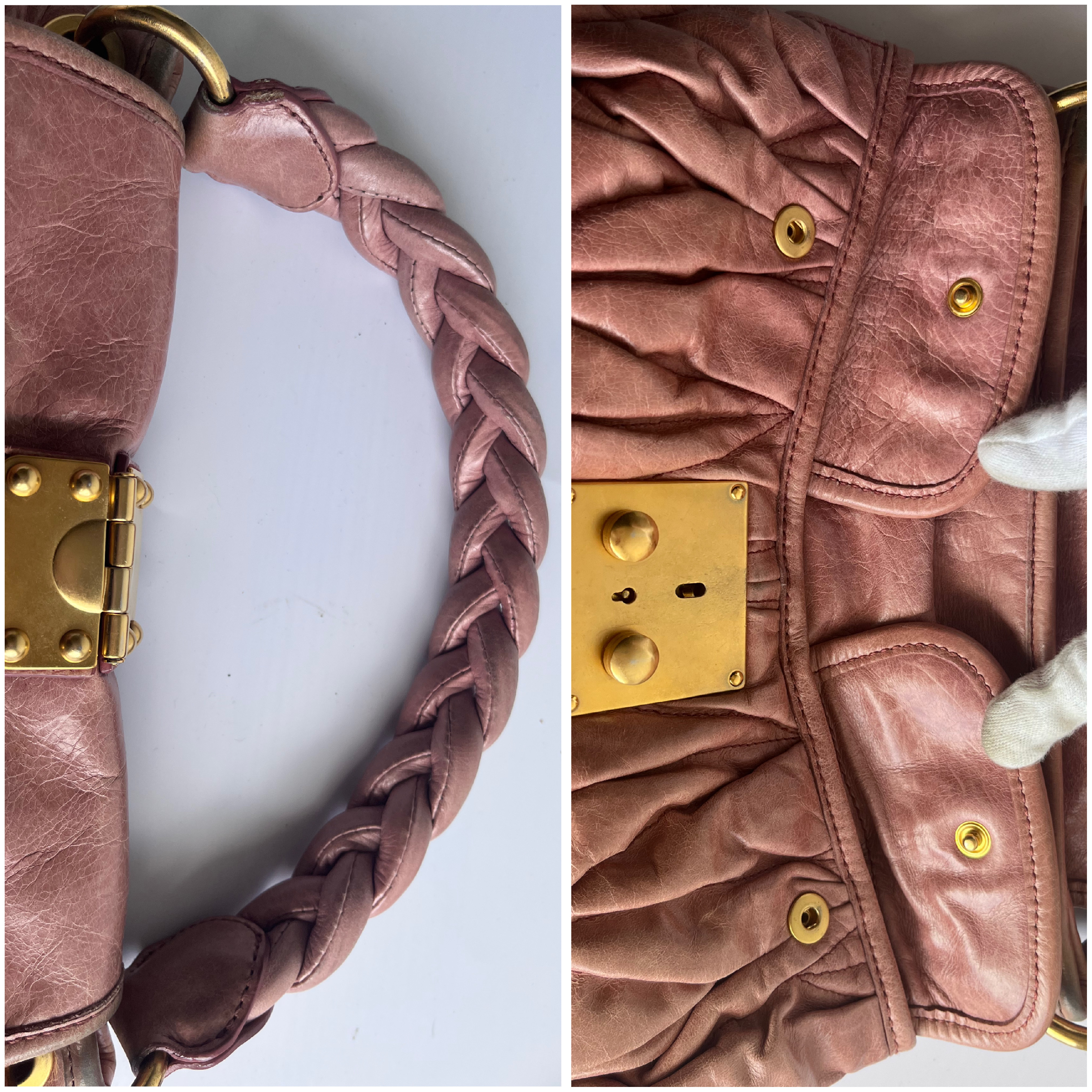 Vitello Lux Gathered Pink Beige 2-Way Handbag with Shoulder Strap — view 6