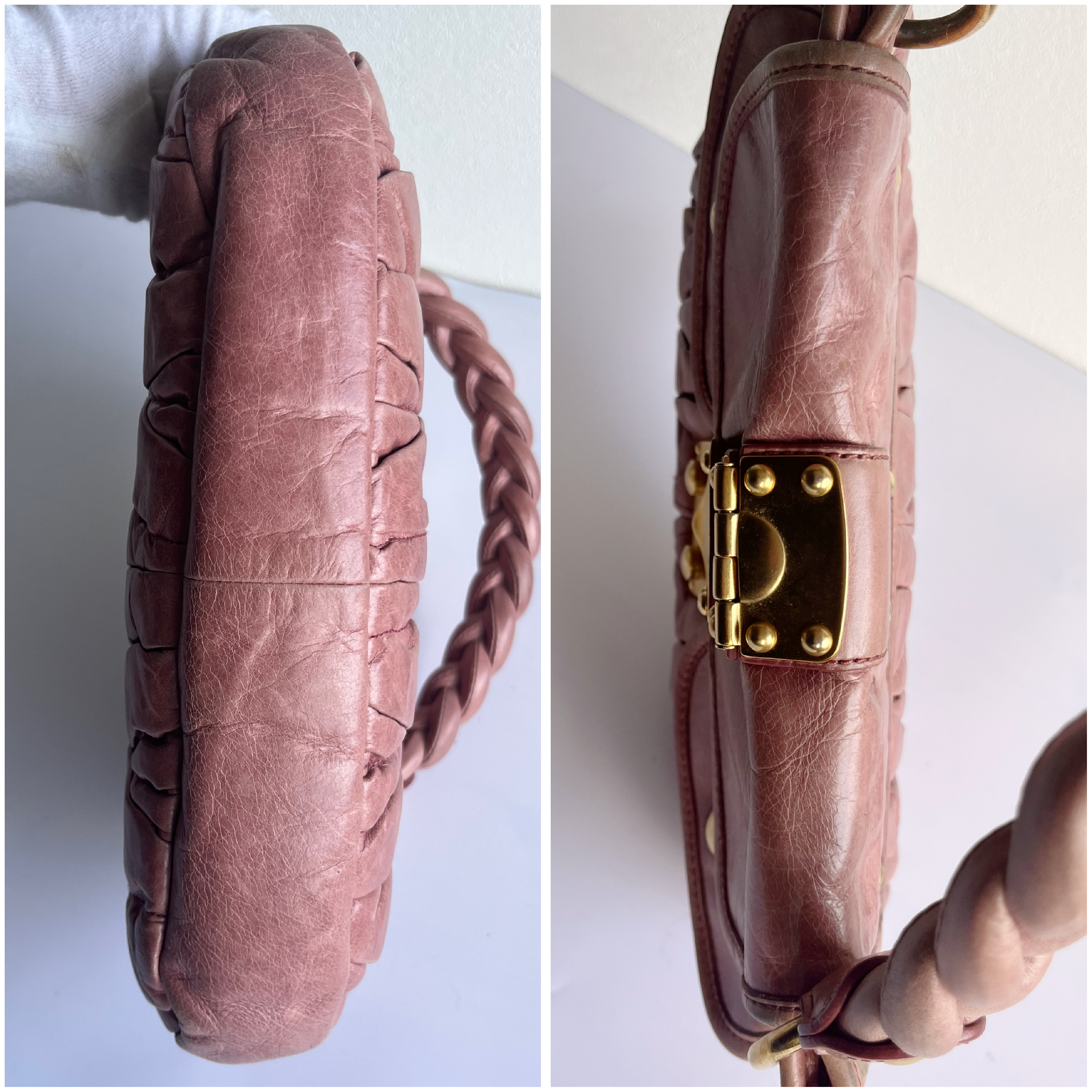 Vitello Lux Gathered Pink Beige 2-Way Handbag with Shoulder Strap — view 9