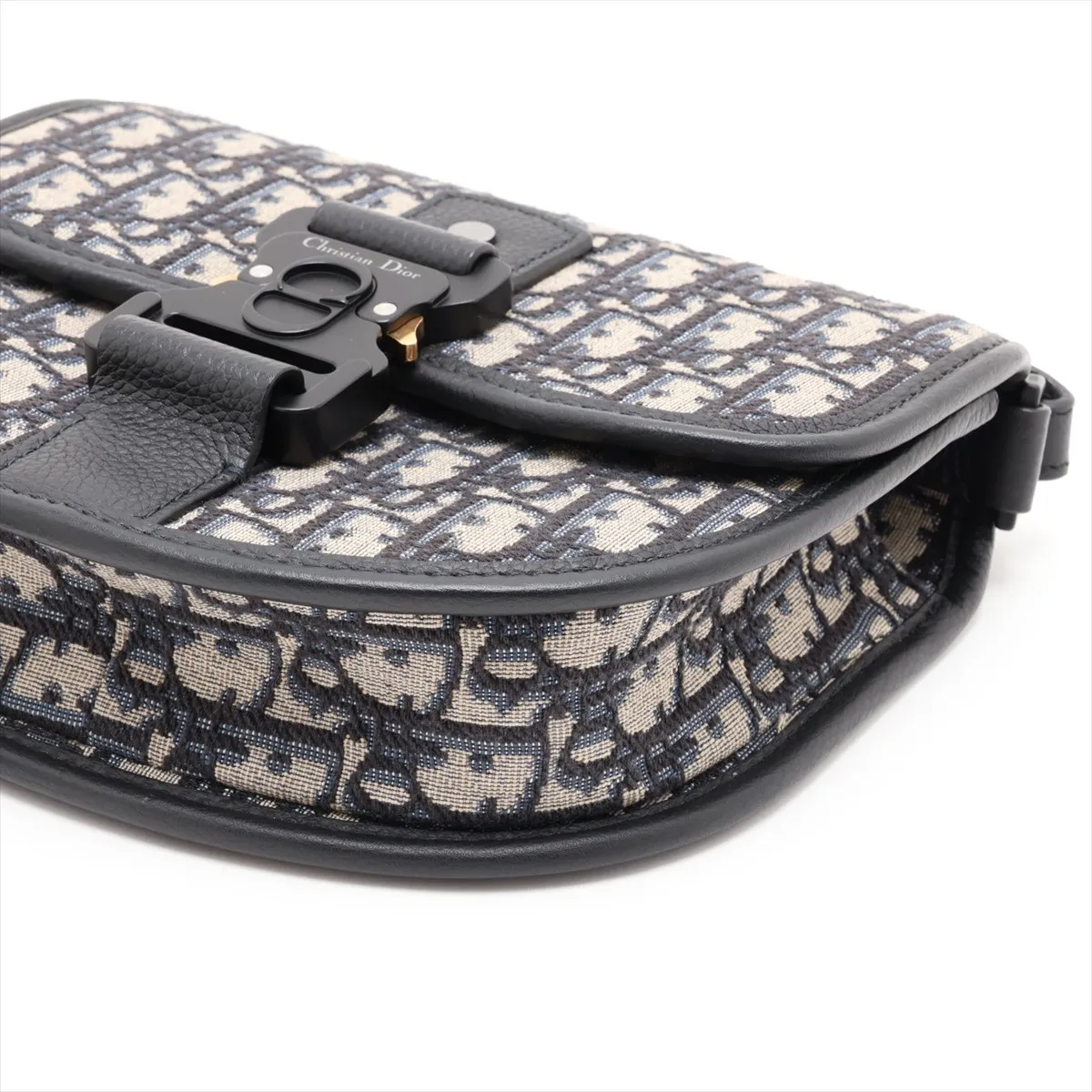 Oblique Gallop Canvas x Leather Shoulder Bag, Navy — view 3