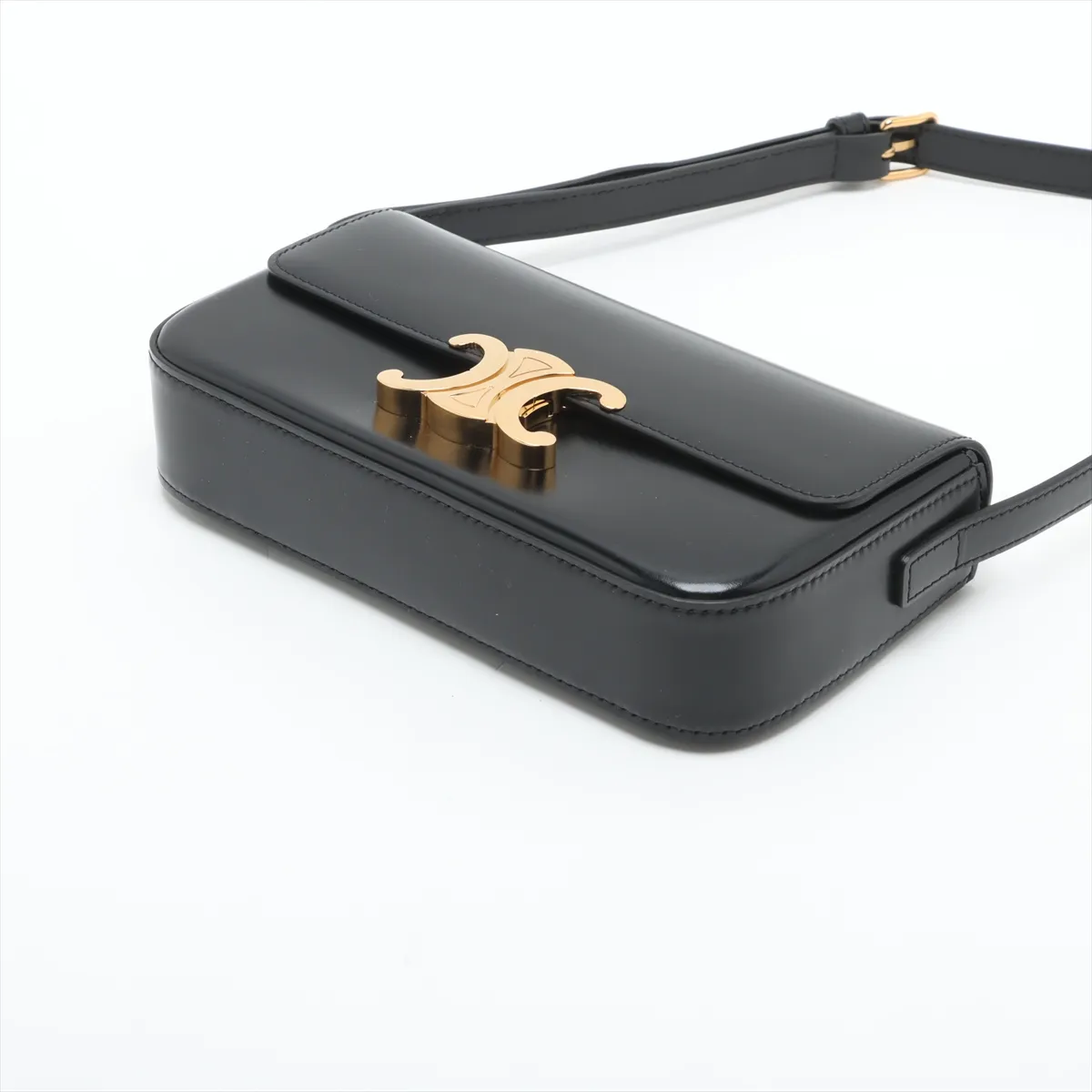 Triomphe Claude Leather Shoulder Bag, Black — view 3