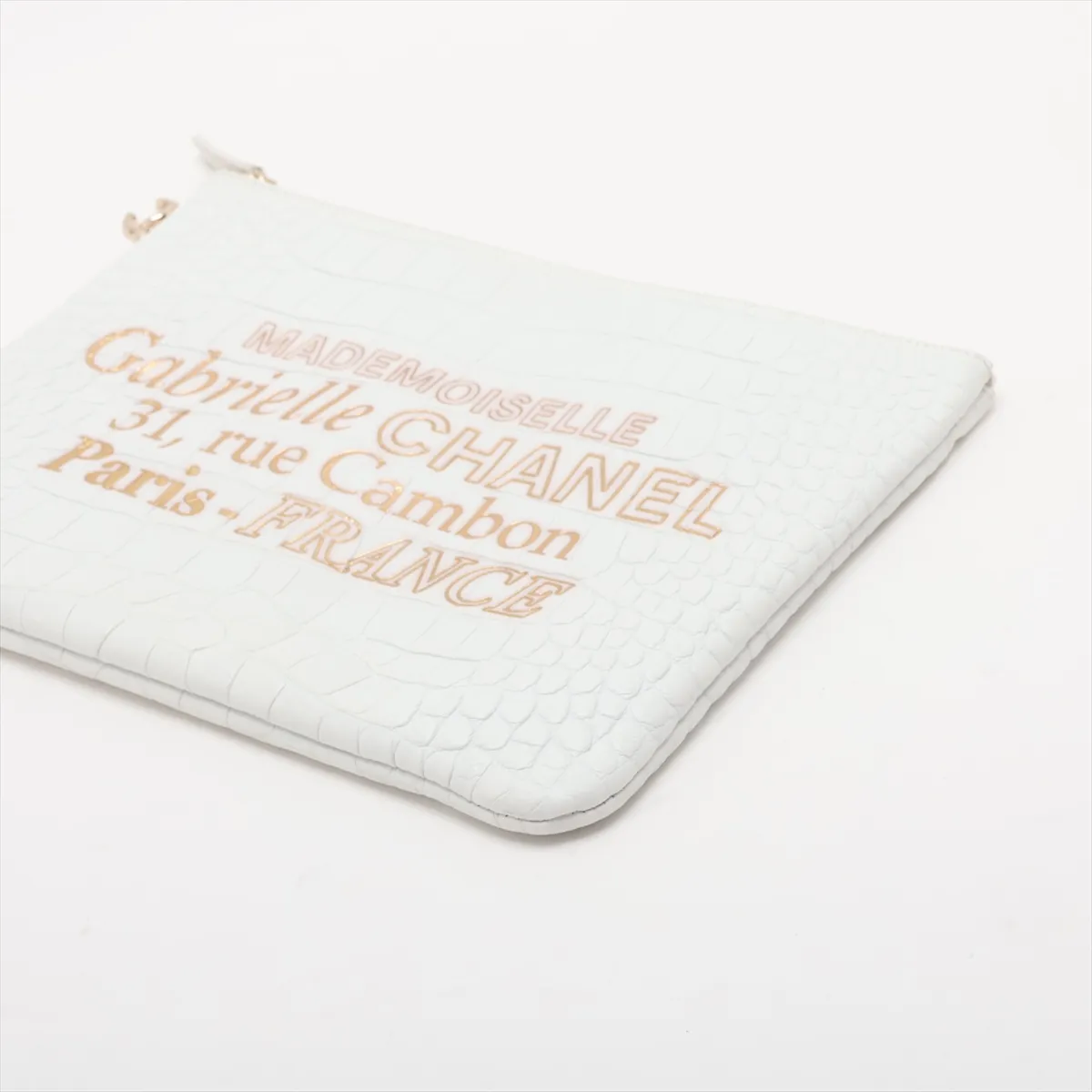 Gabrielle Crocodile Embossed Clutch Bag, White with Gold Hardware, Item No. 28428191, Series No. 28 — view 3