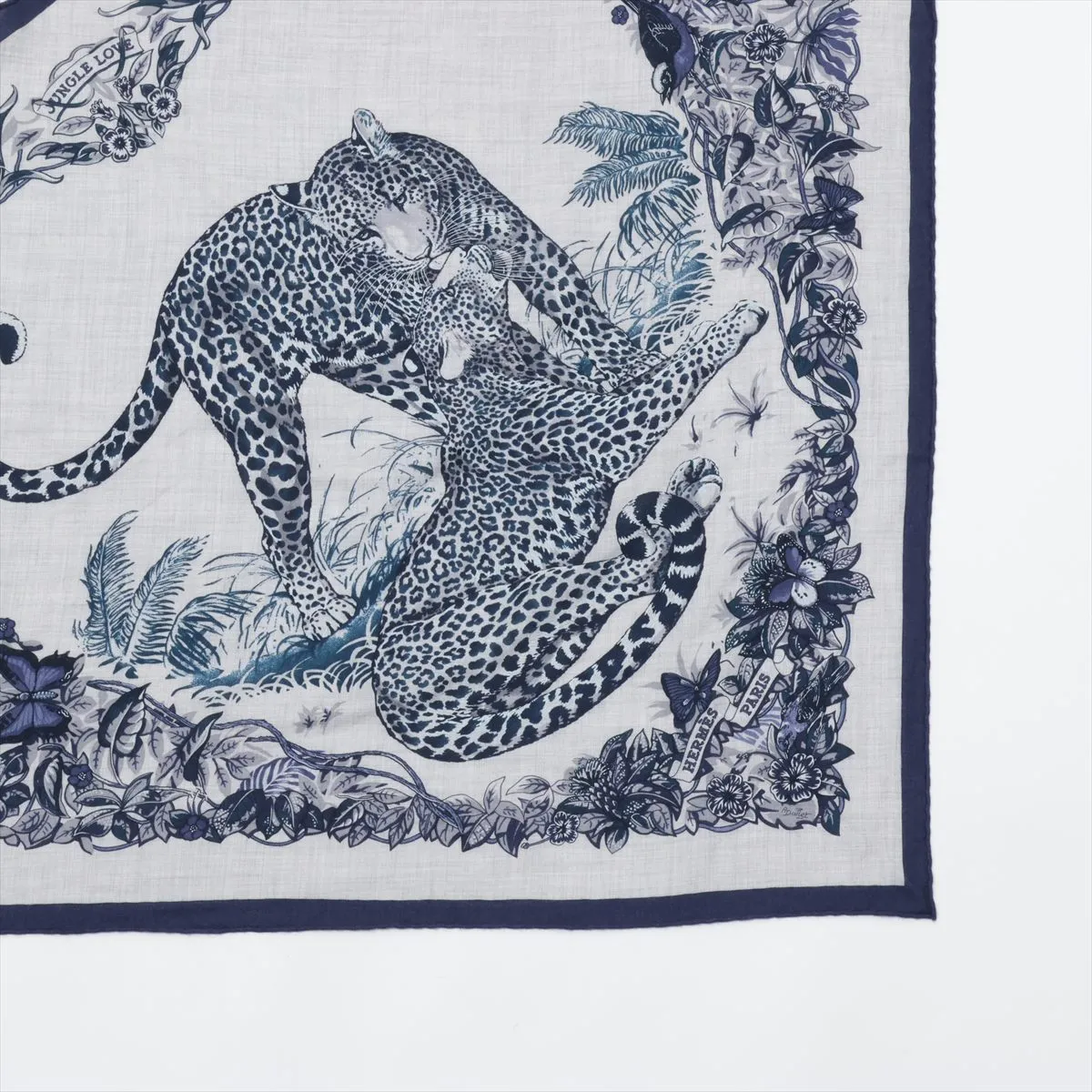 Triangle Géant JUNGLE LOVE scarf, cashmere x silk, gray x navy. Shows signs of wear, — view 3