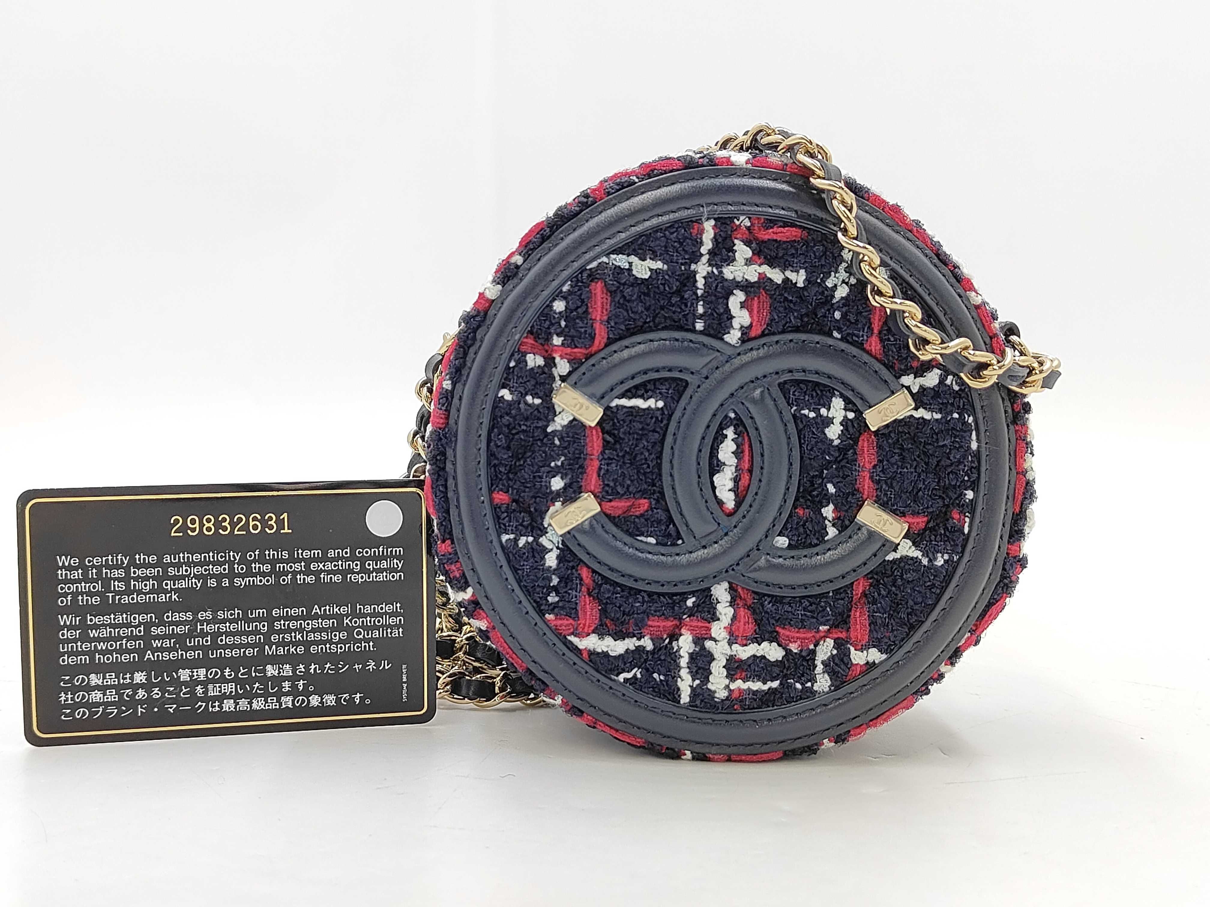 Round Chain Shoulder Bag Navy Tweed Red White Gold Hardware Shoulder Bag