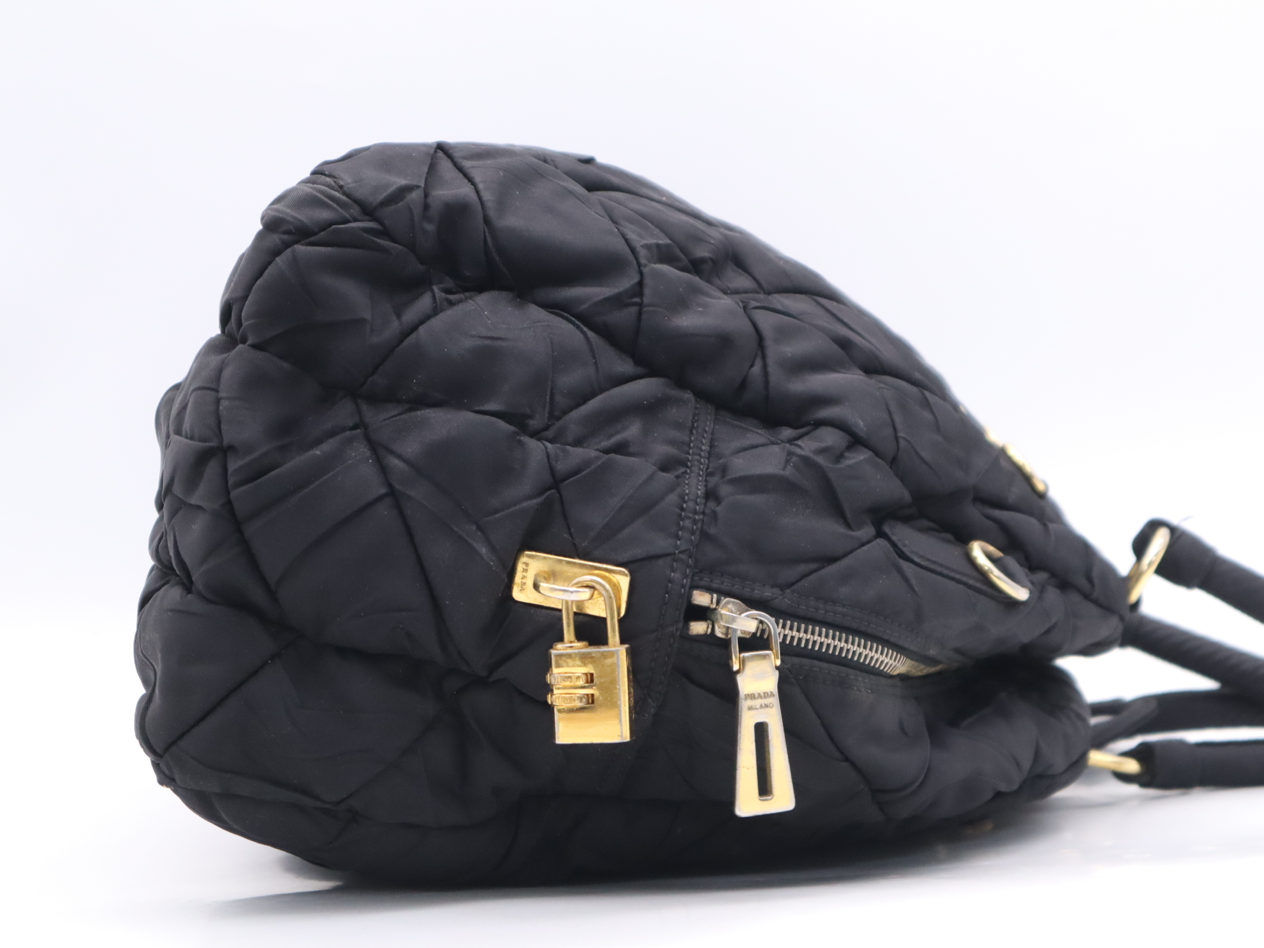 Nylon Quilted Tote Bag, Black with Gold Hardware, Name Tag and Padlock Charm. — view 5