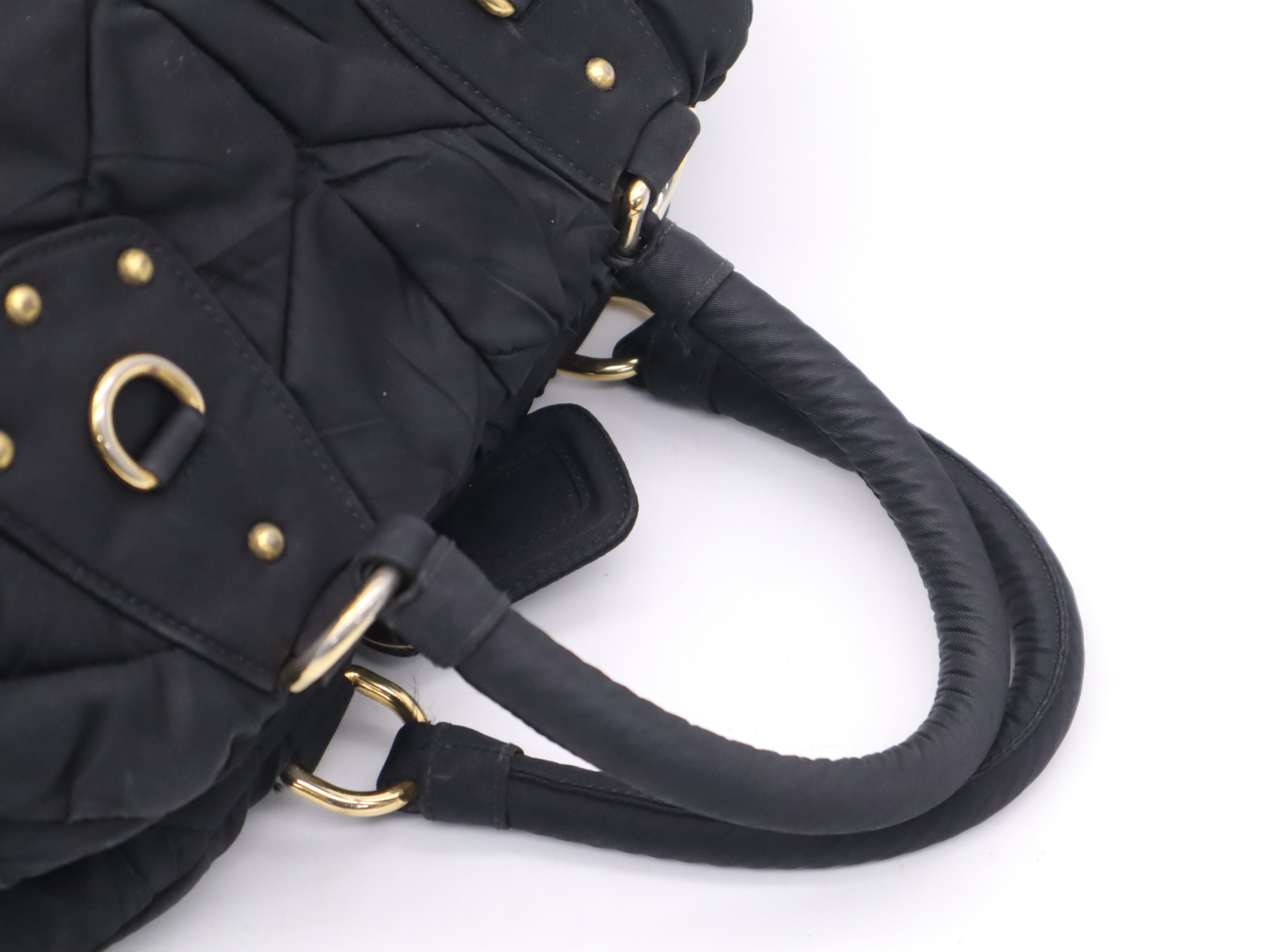 Nylon Quilted Tote Bag, Black with Gold Hardware, Name Tag and Padlock Charm. — view 6