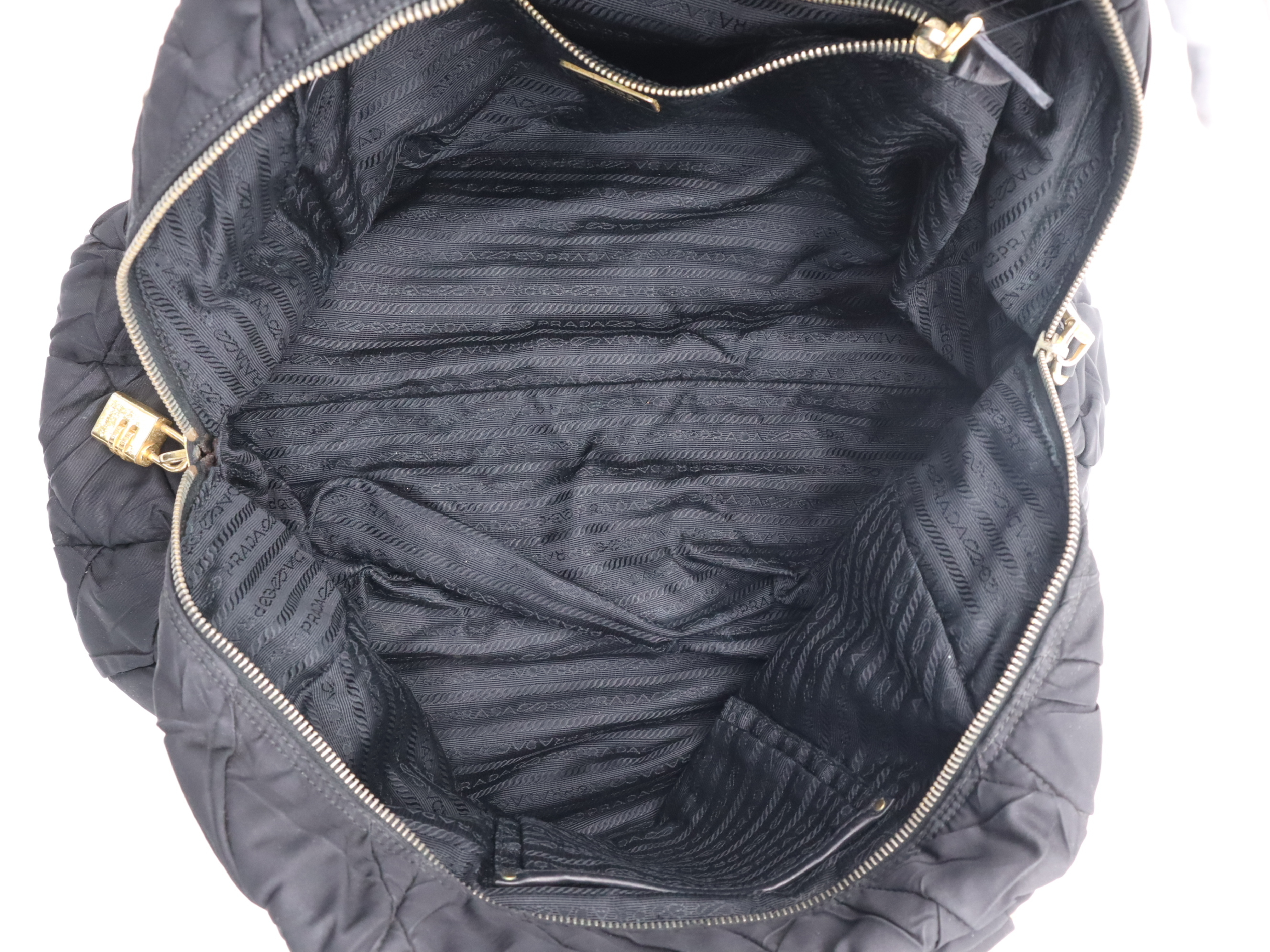 Nylon Quilted Tote Bag, Black with Gold Hardware, Name Tag and Padlock Charm. — view 10