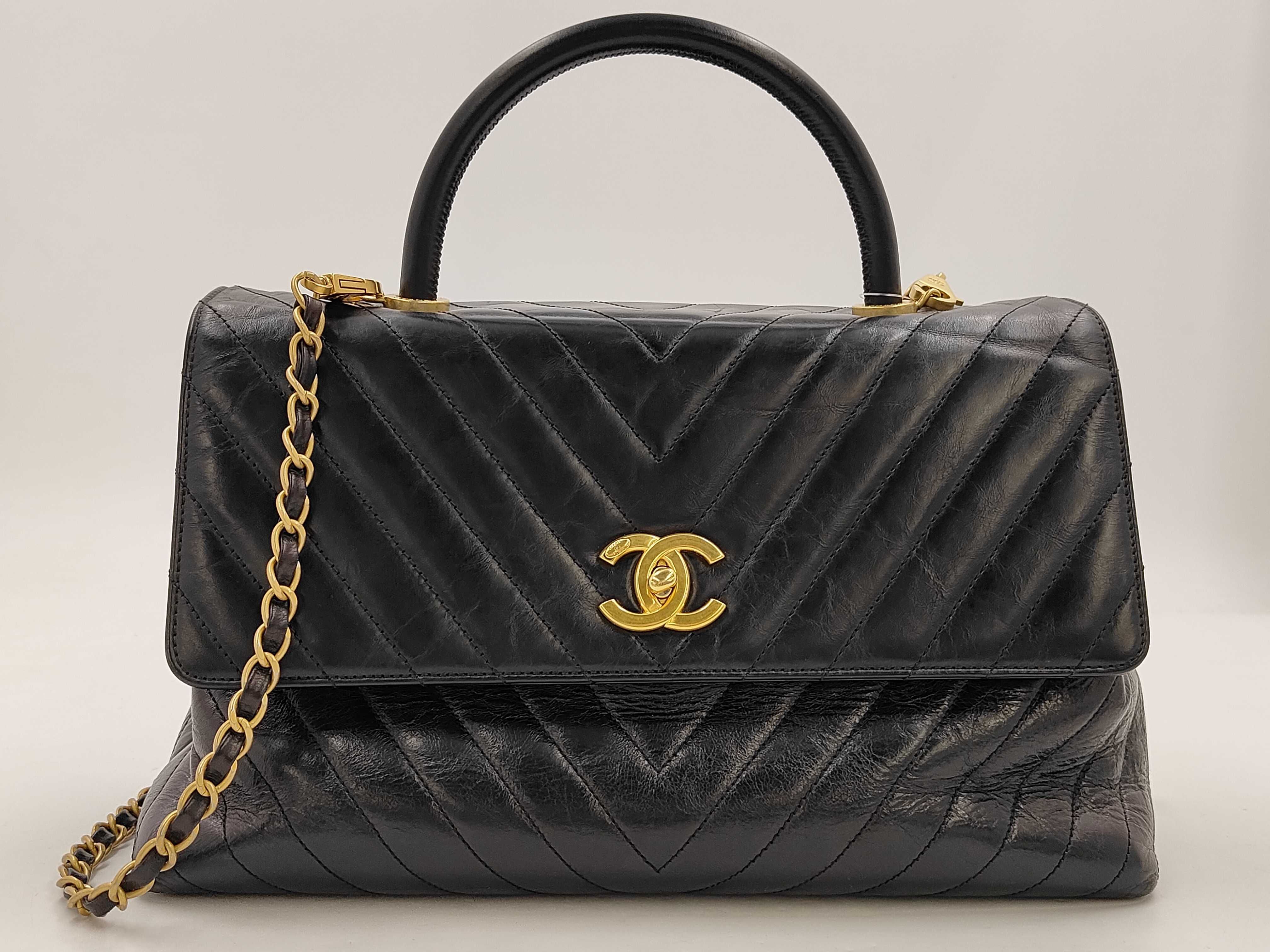 Calfskin V-stitch Coco Handle Chevron 2-Way Shoulder Bag, Black, Series 24