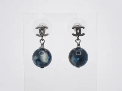 earrings, size 10A, Coco Mark, marble pearl, blue, 2.5cm in height.