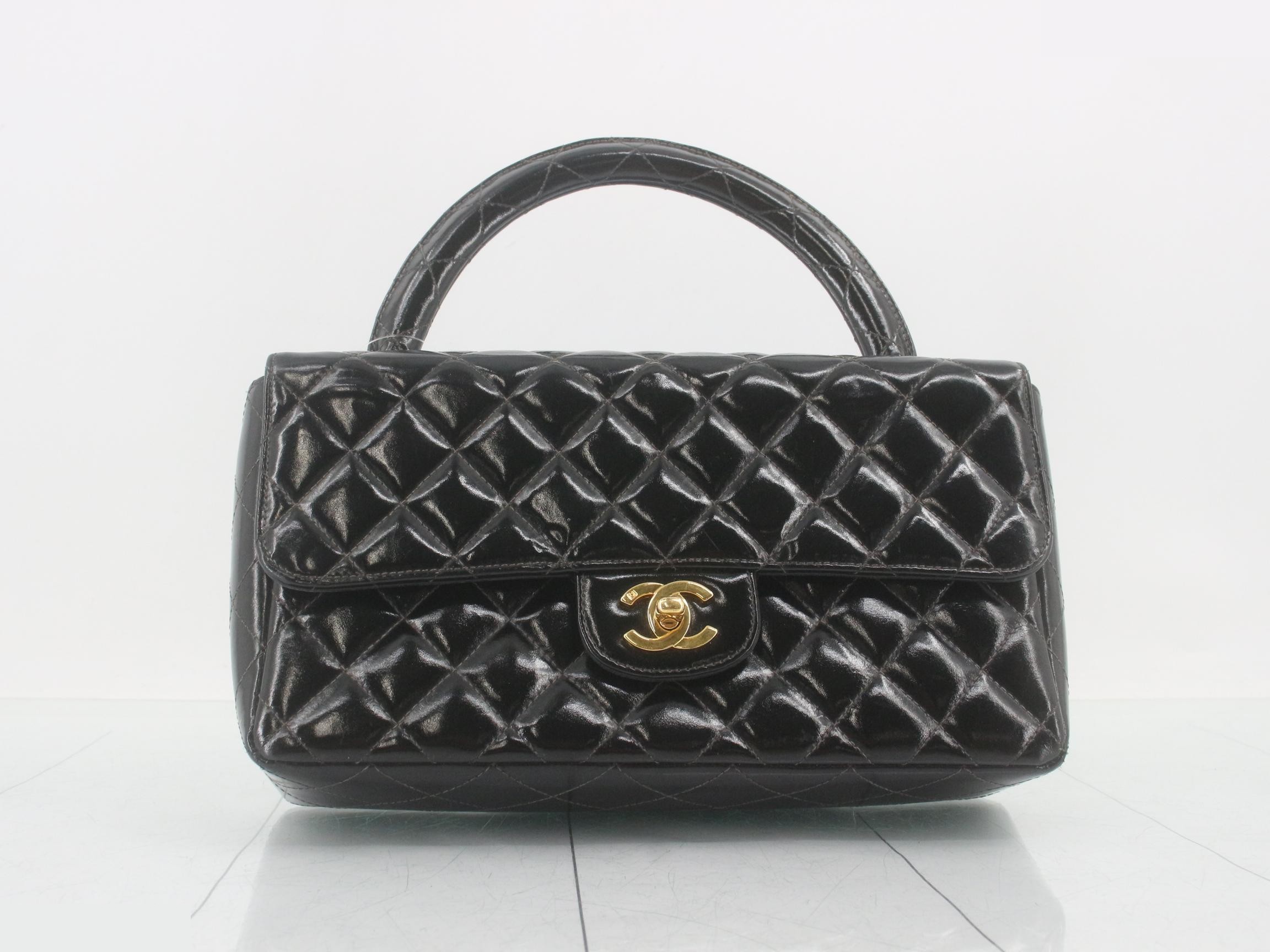 Matelassé Patent Leather Handbag, Black, Gold Hardware, Size 48