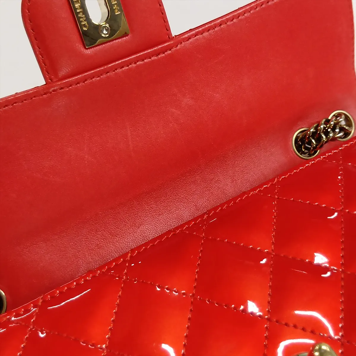 Matelassé Patent Leather Single Flap Double Chain Bag, Red with Gold Hardware, 12067372, Series 12 — view 11