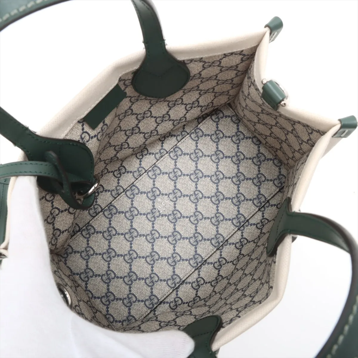 Logo Print Canvas x Leather 2-Way Handbag, Beige x Green, 772144 — view 8