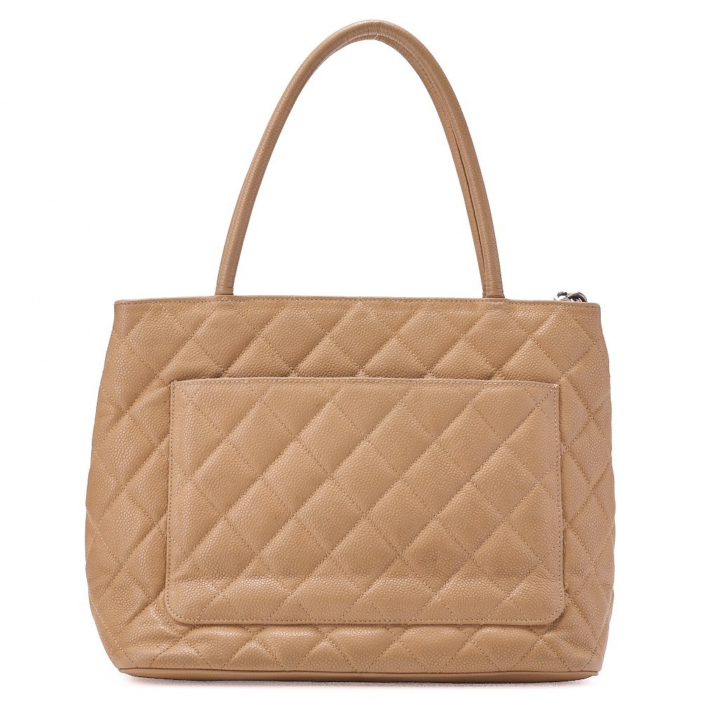 Caviar skin matelassé reissue tote bag, beige, silver and gold accents. — view 2