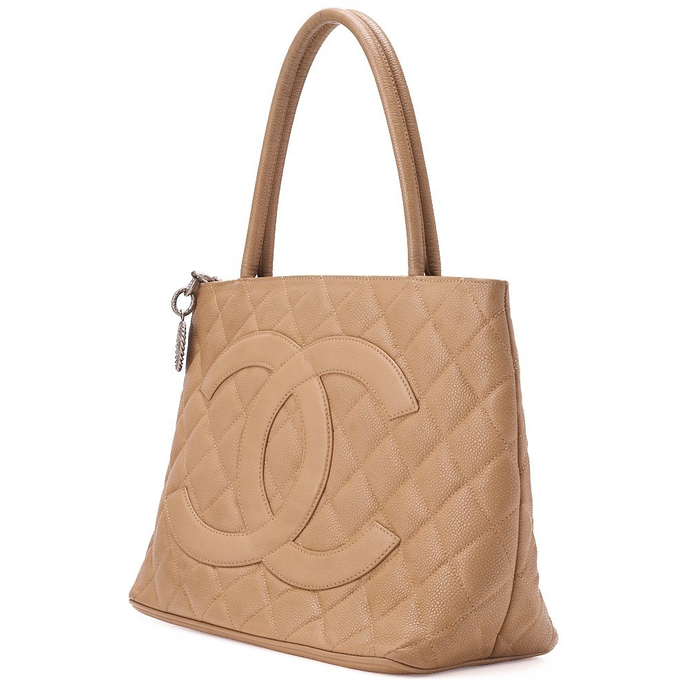 Caviar skin matelassé reissue tote bag, beige, silver and gold accents. — view 3