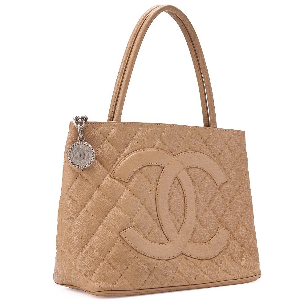 Caviar skin matelassé reissue tote bag, beige, silver and gold accents. — view 4