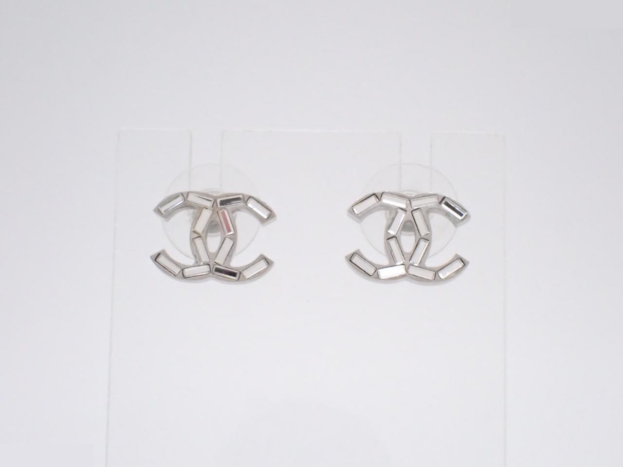 earrings, size 10A, Coco Mark design, rhinestones, silver, 1.5cm wide.