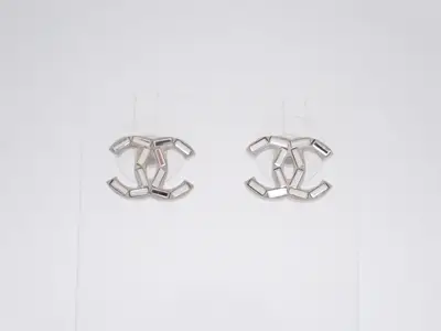 earrings, size 10A, Coco Mark design, rhinestones, silver, 1.5cm wide.