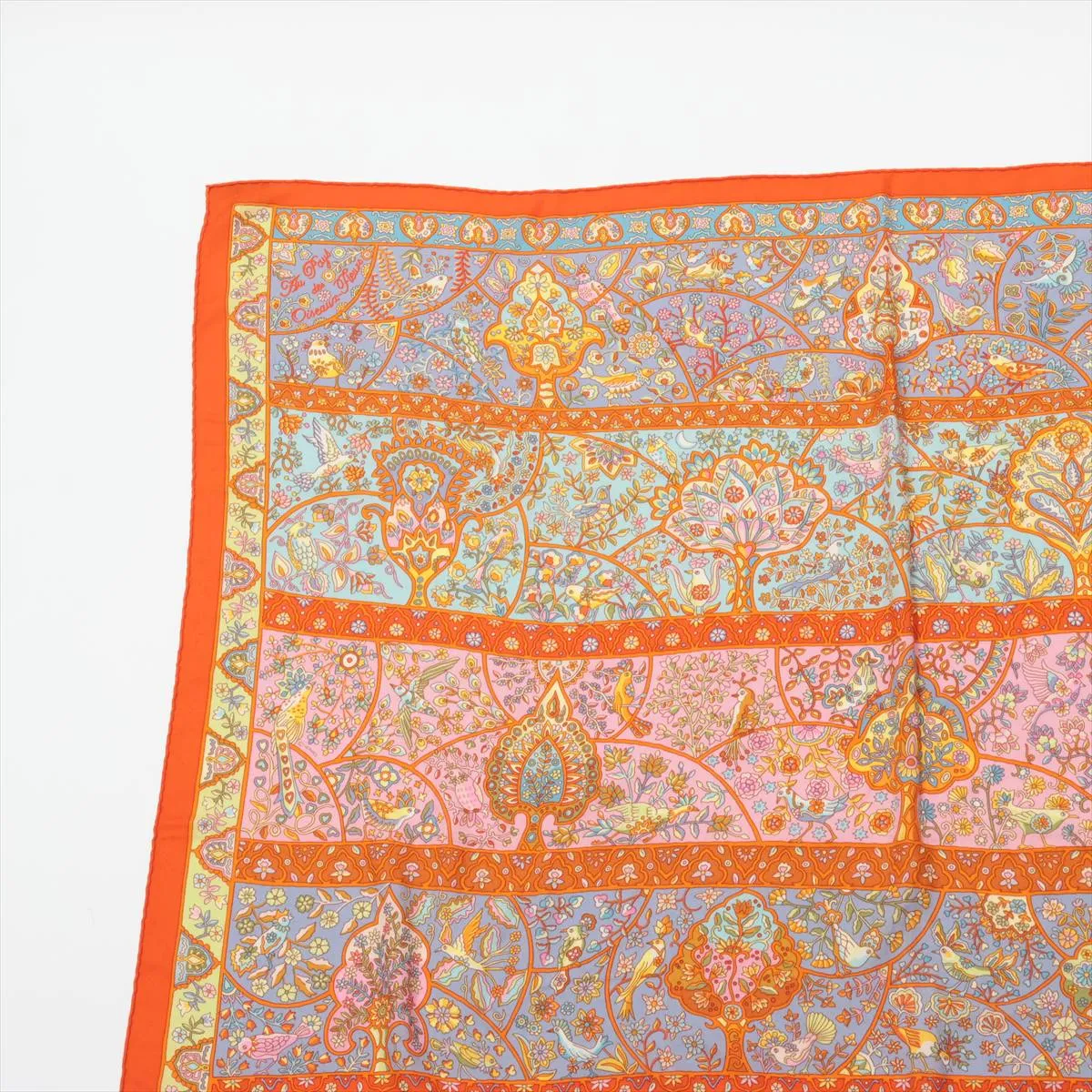 Carrege Au Pays des Oiseaux Fleurs In the Land of Blooming Birds Stole Cashmere x Silk Orange Threads Fuzzing — view 2