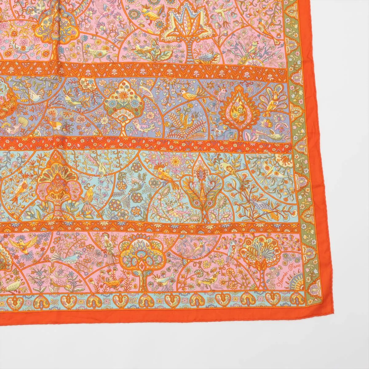 Carrege Au Pays des Oiseaux Fleurs In the Land of Blooming Birds Stole Cashmere x Silk Orange Threads Fuzzing — view 4