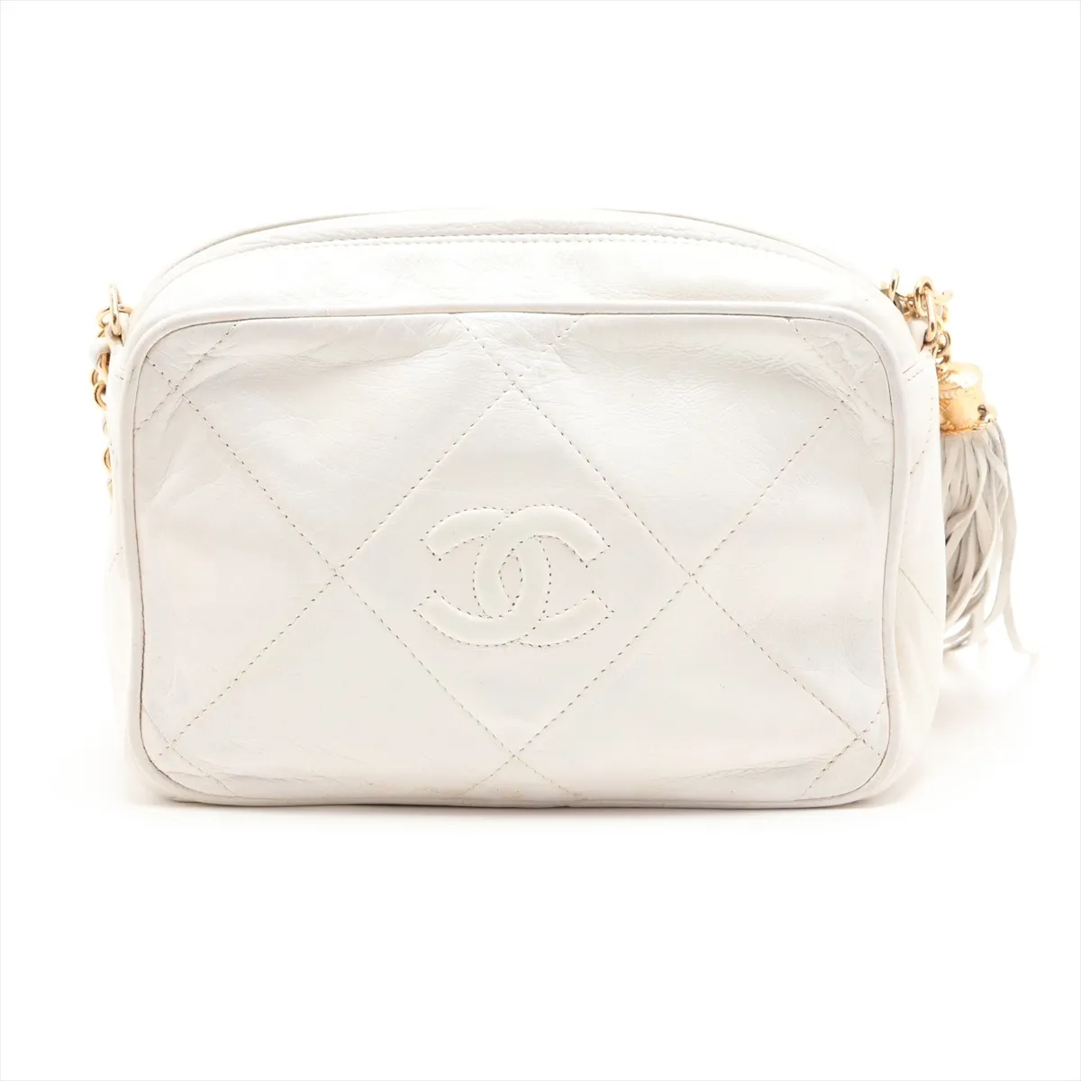 Coco Mark Lambskin Chain Shoulder Bag with Fringe, White, Gold Hardware, 0558792 (Serial Number 0) — view 2